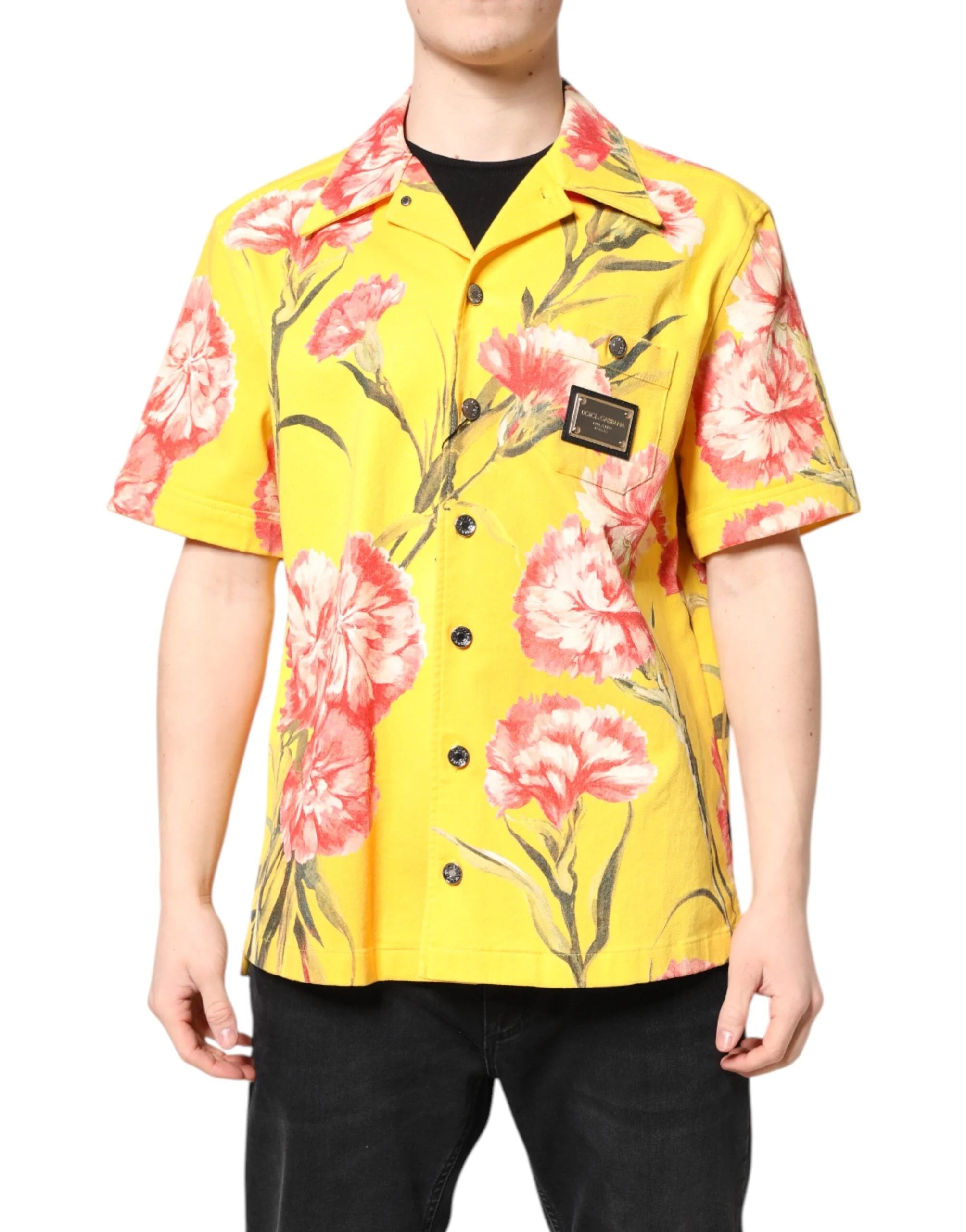 Dolce & Gabbana Yellow Floral Men Button Down Casual Shirt - IT40 | M - Shirts