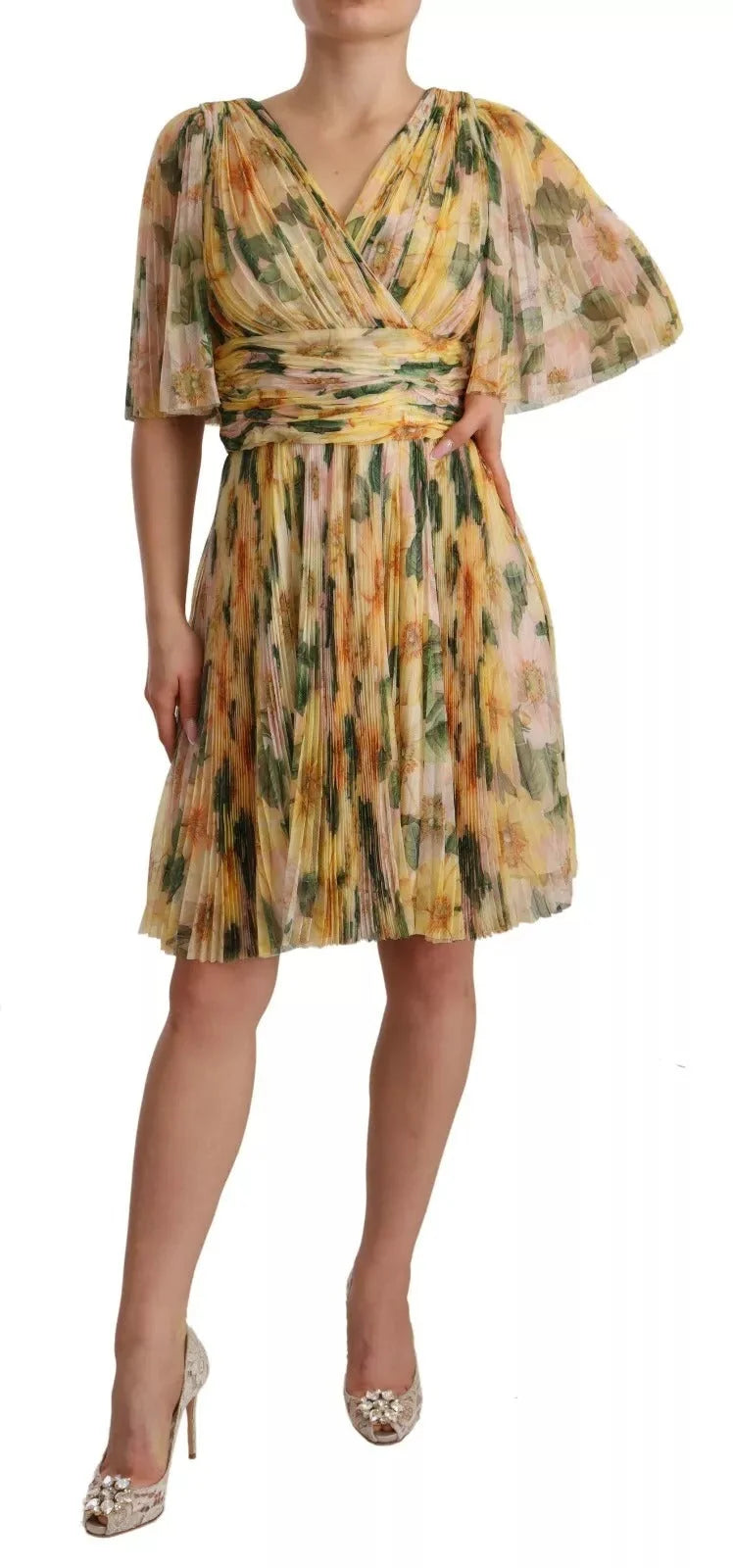Dolce & Gabbana Yellow Floral Print Pleated Maxi Dress - IT38 | XS - Dresses