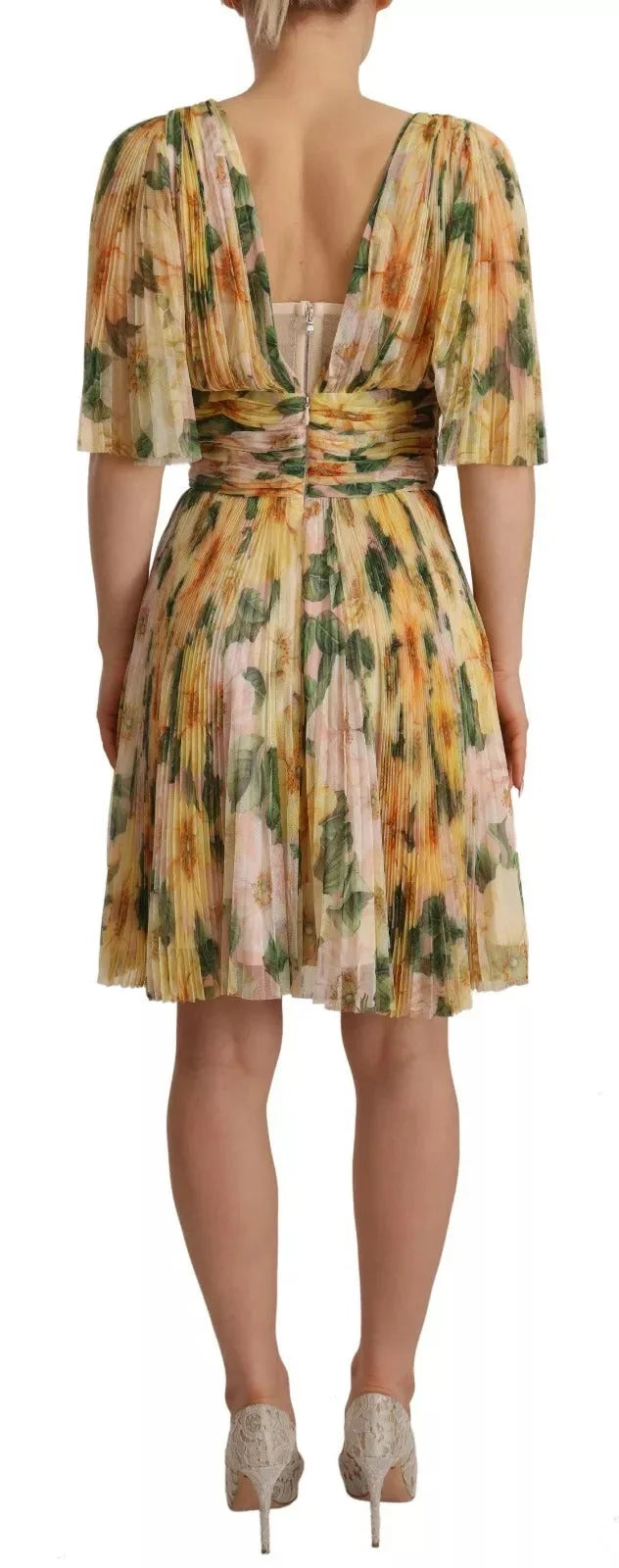 Dolce & Gabbana Yellow Floral Print Pleated Maxi Dress - IT38 | XS - Dresses