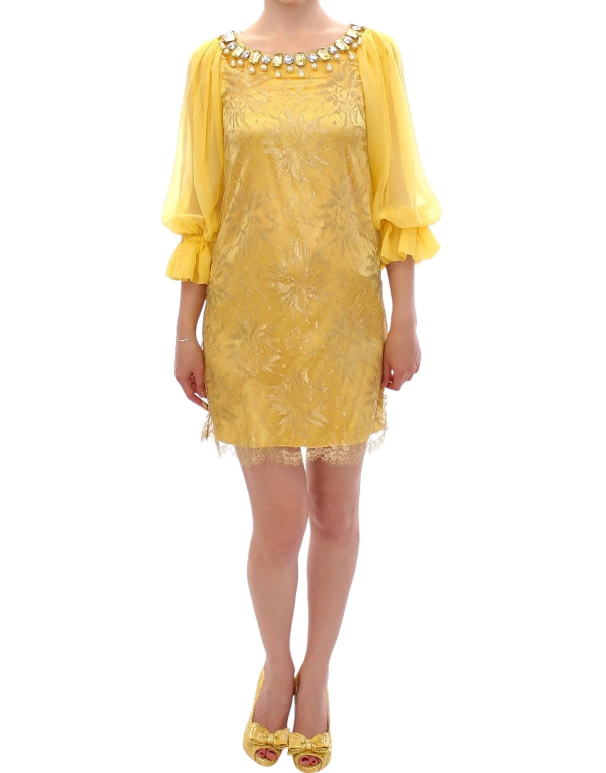 Dolce & Gabbana Yellow lace crystal mini dress - Dresses
