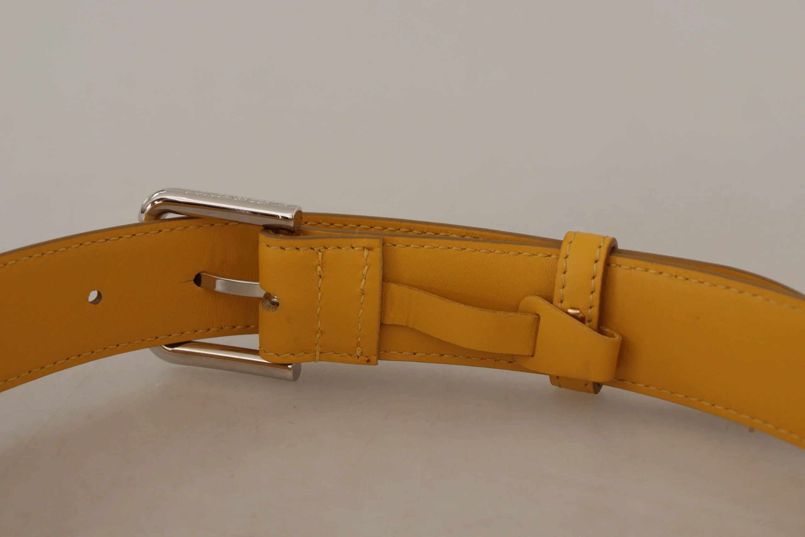 Dolce & Gabbana Yellow Leather Silver Tone Logo Metal Buckle Belt - 60 cm / 24 Inches - Belts