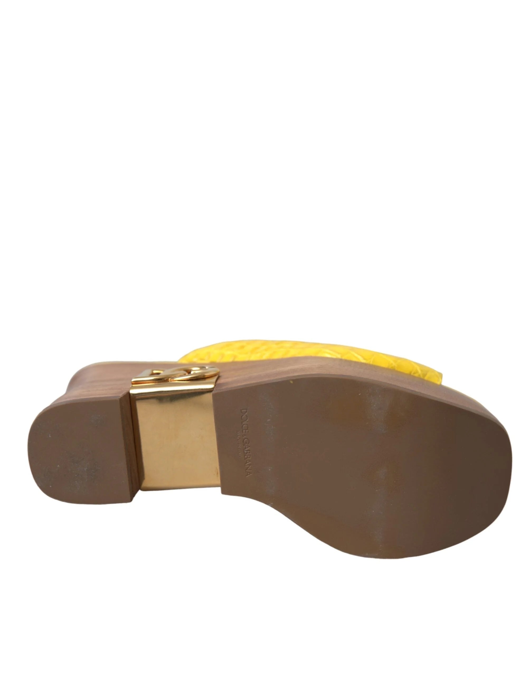 Dolce & Gabbana Yellow Leather Wood Mule Wedge Slides Shoes - Sandals