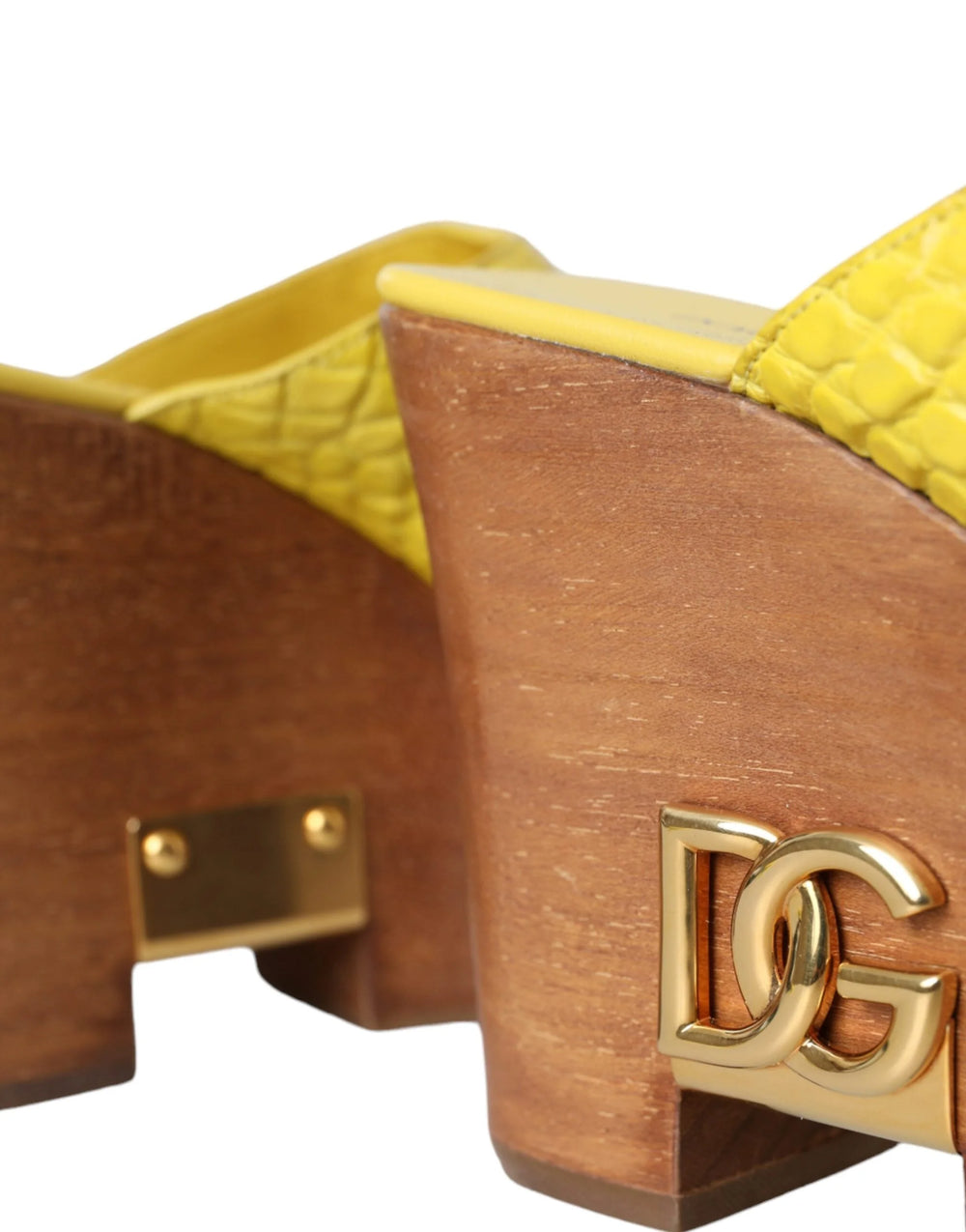 Dolce & Gabbana Yellow Leather Wood Mule Wedge Slides Shoes - Sandals