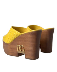 Dolce & Gabbana Yellow Leather Wood Mule Wedge Slides Shoes - Sandals