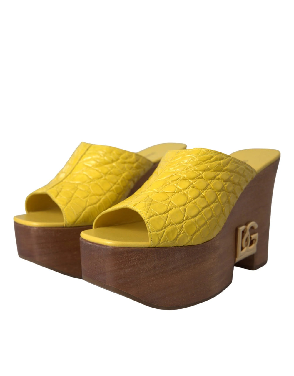 Dolce & Gabbana Yellow Leather Wood Mule Wedge Slides Shoes - Sandals