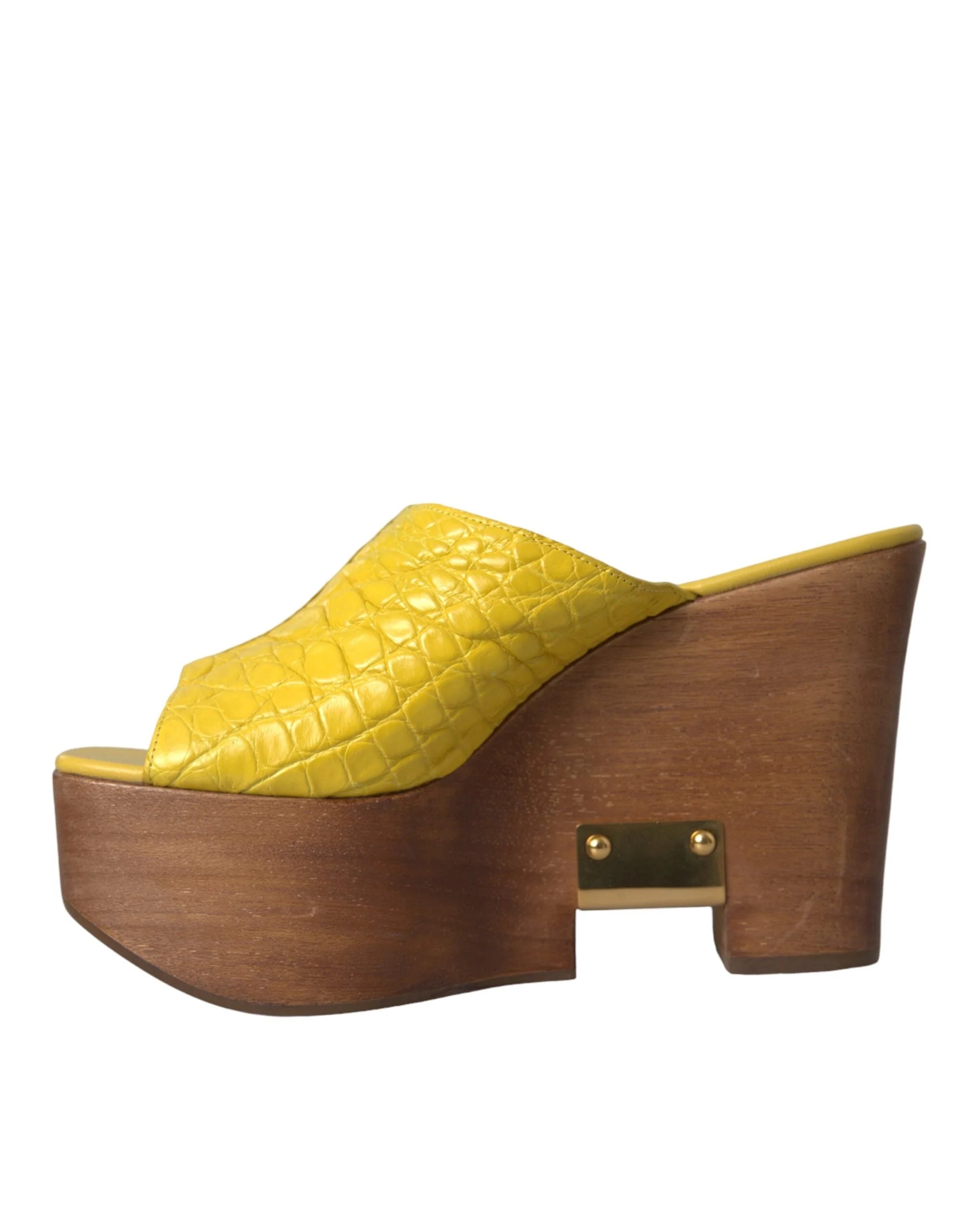 Dolce & Gabbana Yellow Leather Wood Mule Wedge Slides Shoes - Sandals