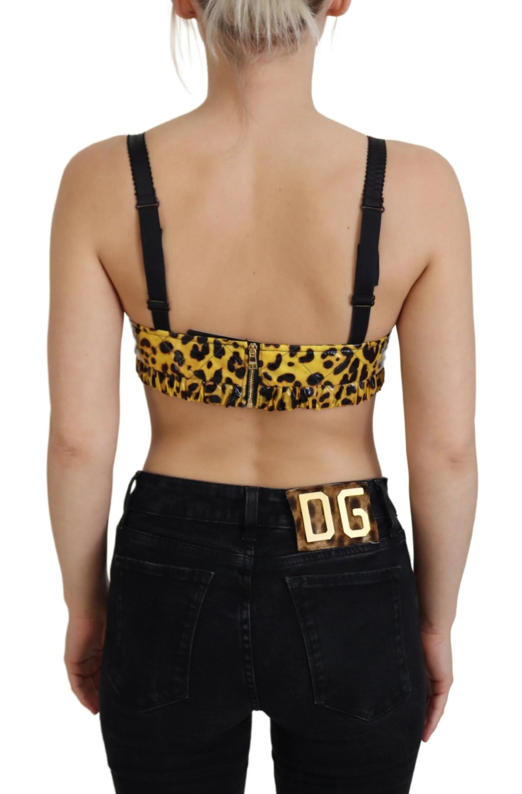 Dolce & Gabbana Yellow Leopard Cropped Bustier Corset Bra Top - IT40|S