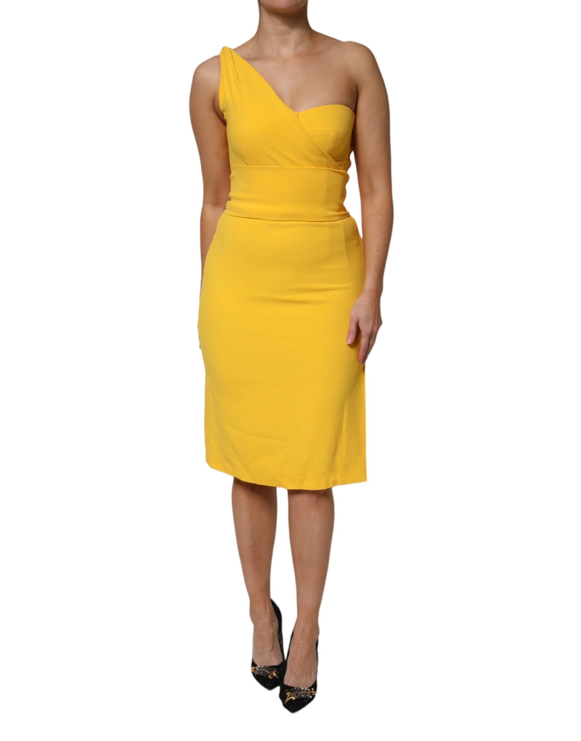 Dolce & Gabbana Yellow One Shoulder Side Slit Midi Dress - IT42|M