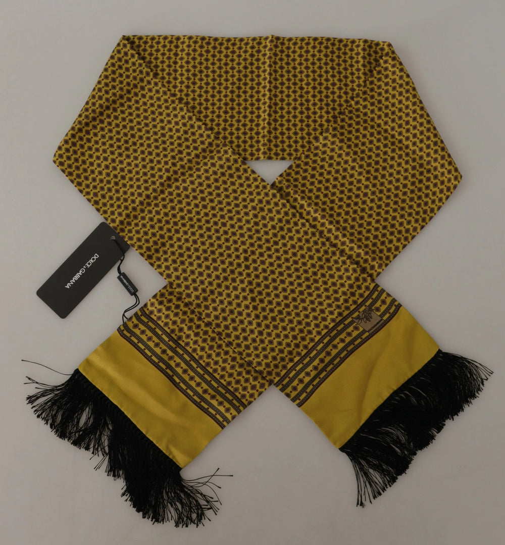 Dolce & Gabbana Yellow Patterned Silk Neck Wrap Fringe Scarf - Scarves & Shawls