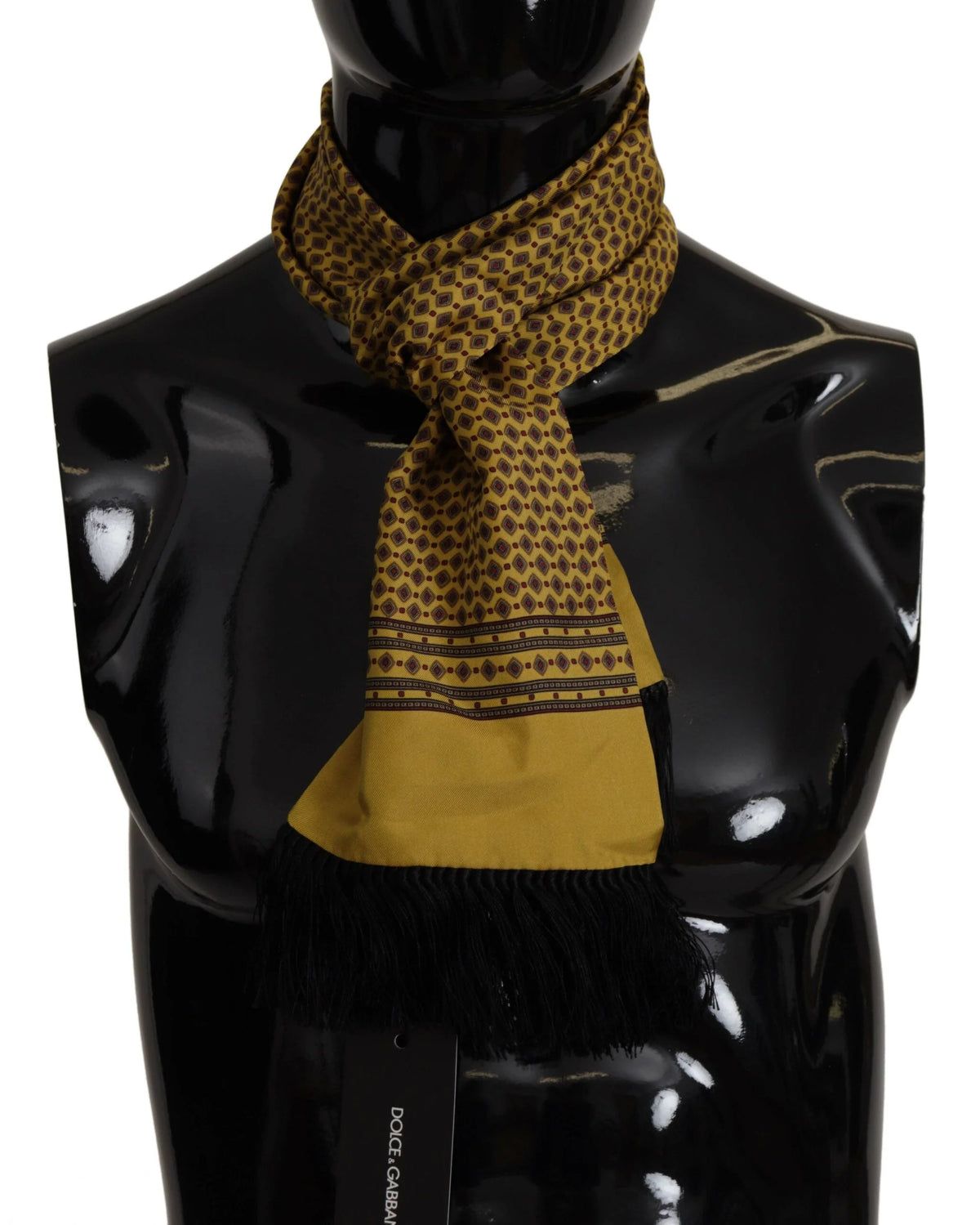 Dolce & Gabbana Yellow Patterned Silk Neck Wrap Fringe Scarf - Scarves & Shawls