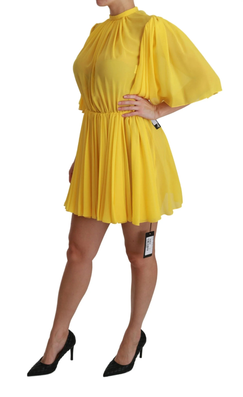 Dolce & Gabbana Yellow Pleated A-line Mini 100% Silk Dress - IT40|S - Dresses