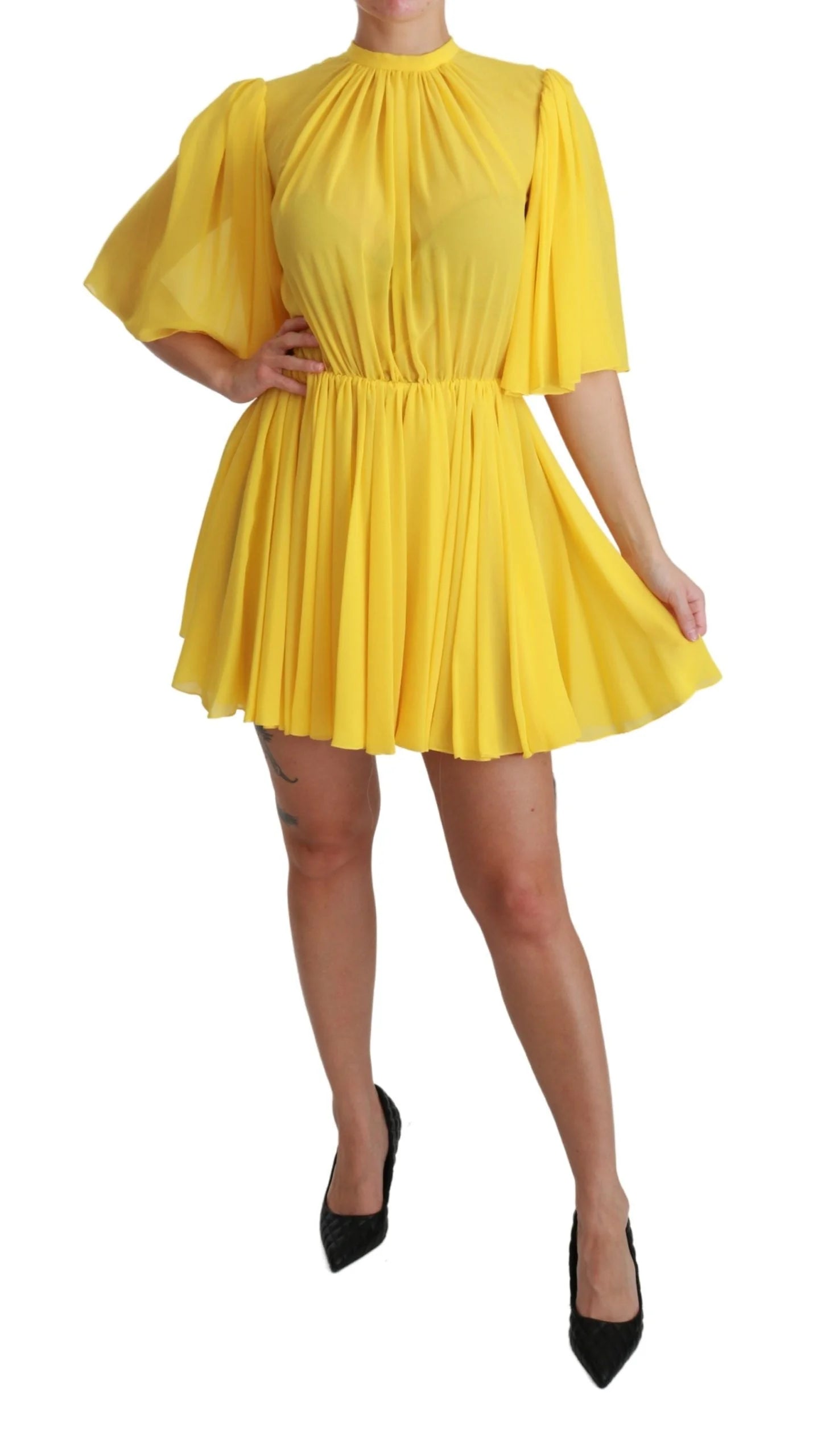 Dolce & Gabbana Yellow Pleated A-line Mini 100% Silk Dress - IT40|S - Dresses