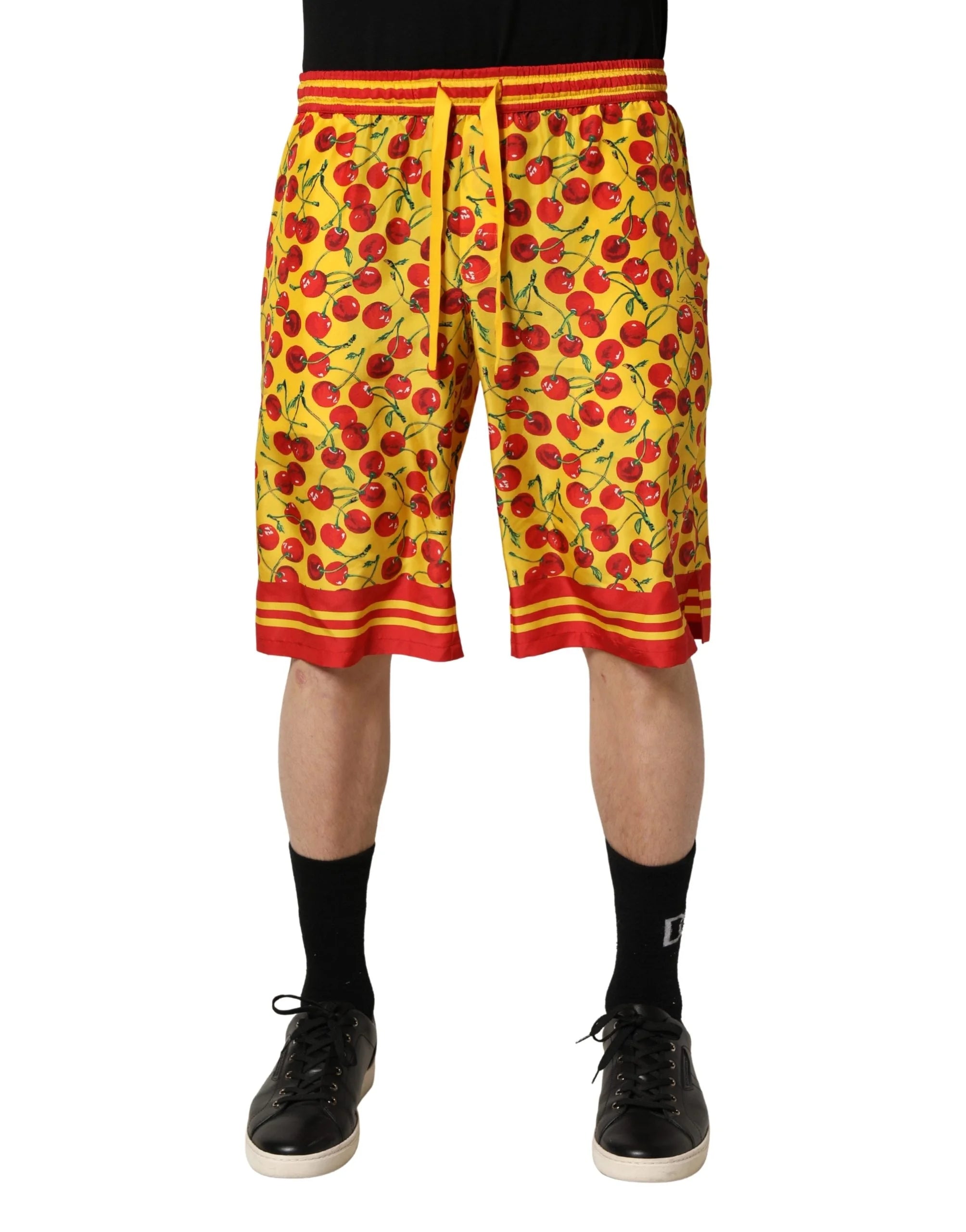 Dolce & Gabbana Yellow Red Cherry Print Silk Bermuda Shorts - IT48 | M