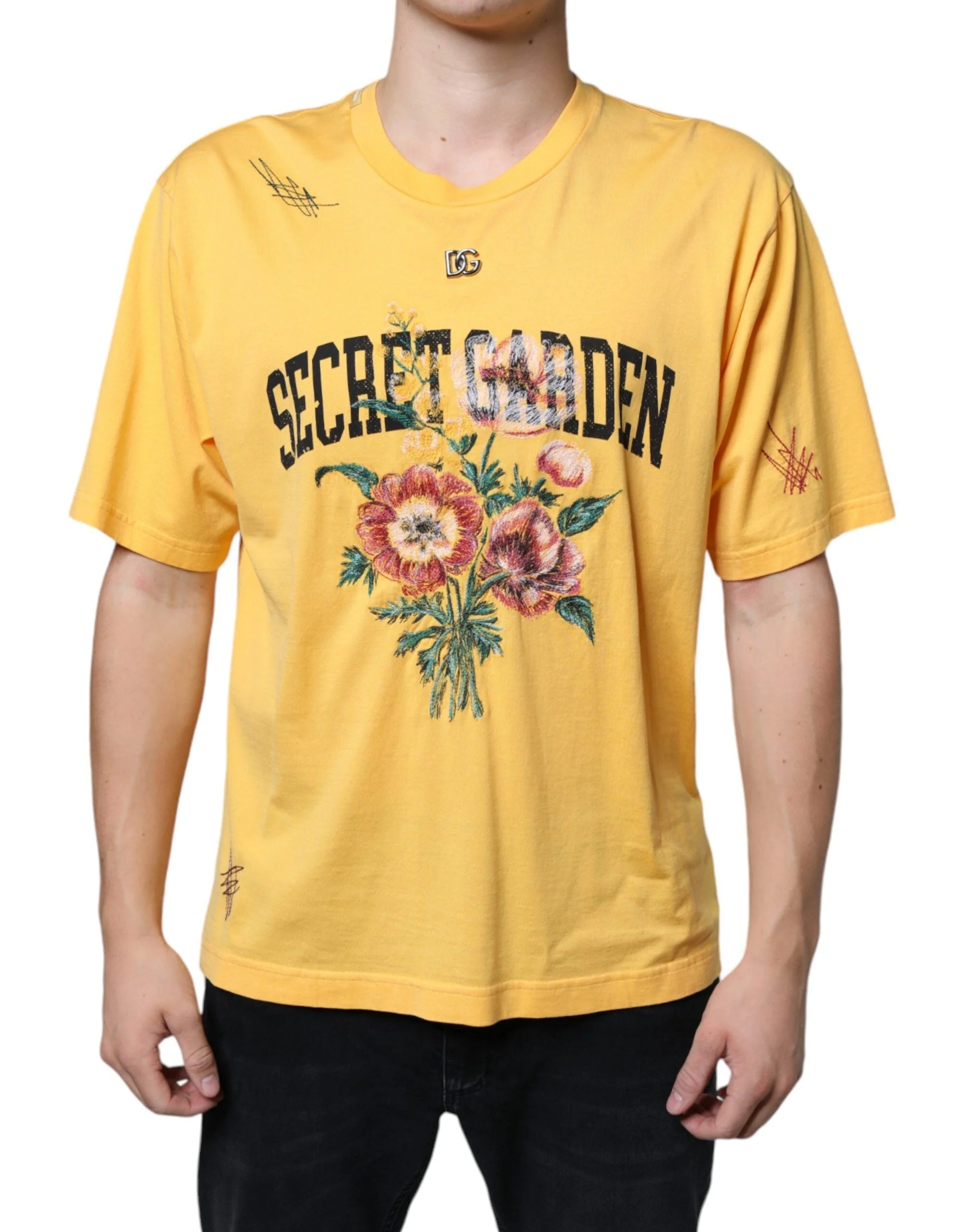 Dolce & Gabbana Yellow Secret Graden Floral Cotton Crew Neck T-shirt - IT48 | M - T-Shirts