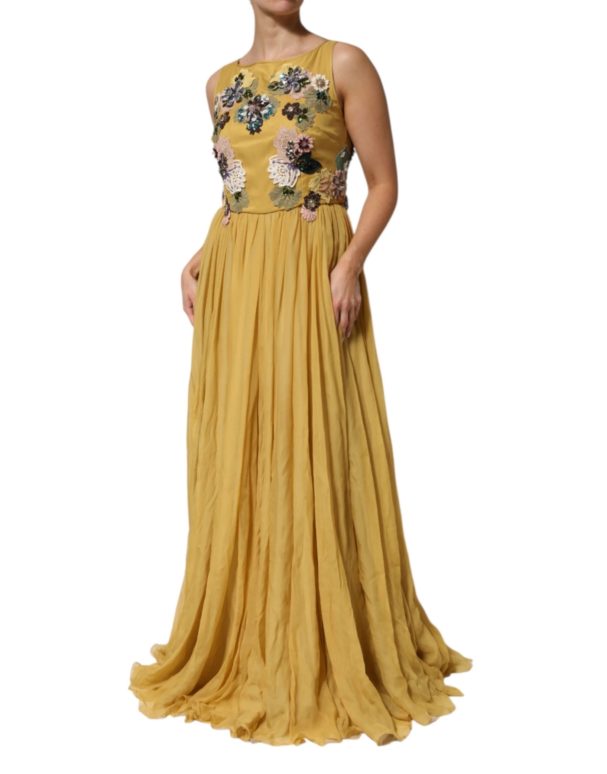 Dolce & Gabbana Yellow Silk Floral Embroidered Maxi Dress - IT46|XL - Dresses