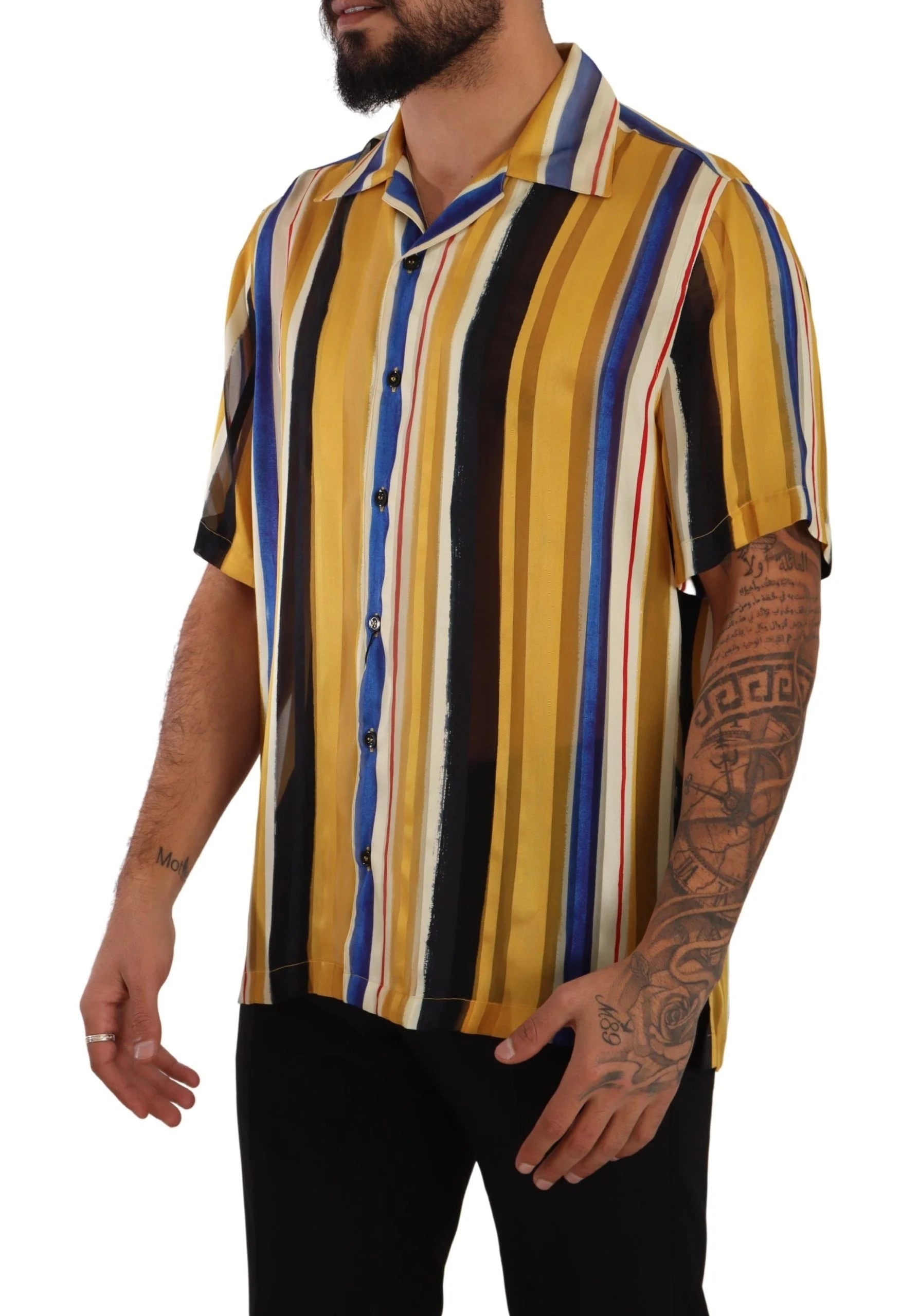 Dolce & Gabbana Yellow Striped Short Sleeve Silk Shirt - IT40 | M - Shirts