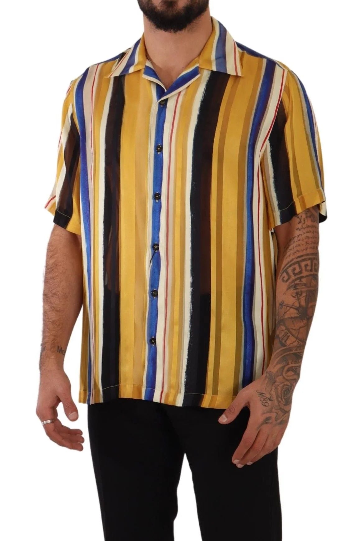 Dolce & Gabbana Yellow Striped Short Sleeve Silk Shirt - IT40 | M - Shirts