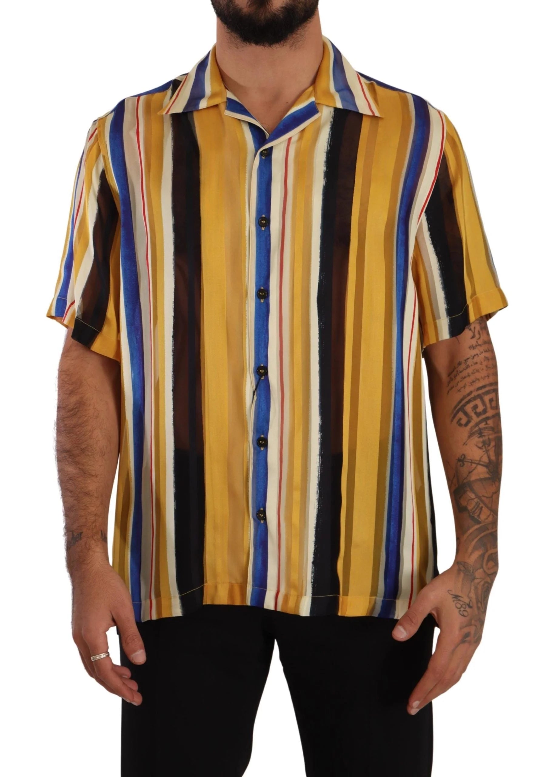 Dolce & Gabbana Yellow Striped Short Sleeve Silk Shirt - IT40 | M - Shirts