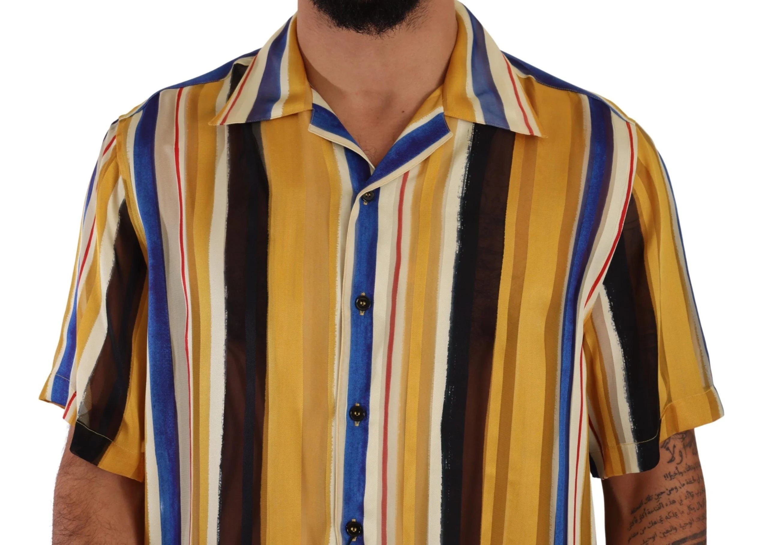 Dolce & Gabbana Yellow Striped Short Sleeve Silk Shirt - IT40 | M - Shirts