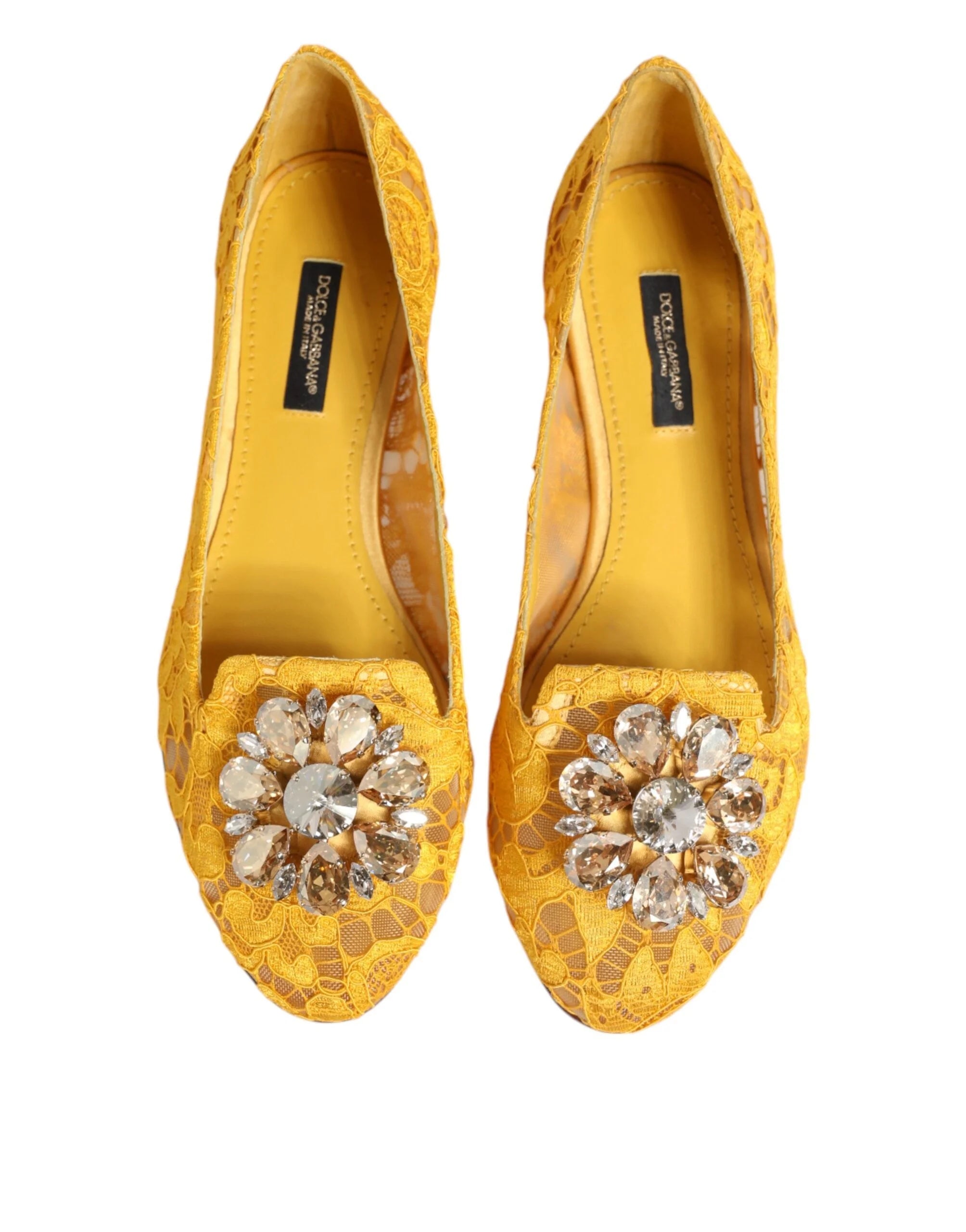 Dolce & Gabbana Yellow Taormina Lace Crystals Flats Shoes - EU36/US5.5 - Flats