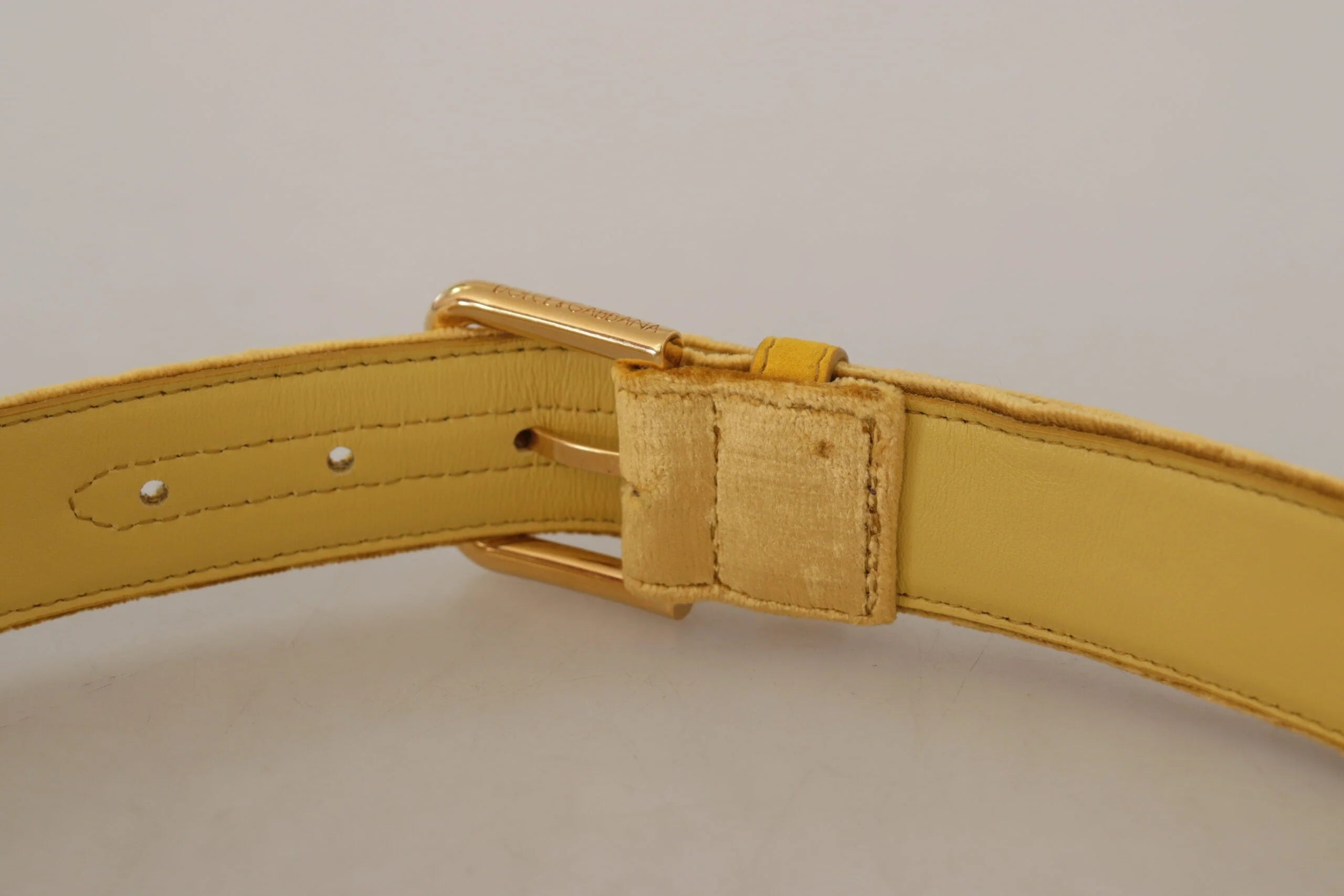 Dolce & Gabbana Yellow Velvet Gold Metal Logo Engraved Buckle Belt - 85 cm / 34 Inches - Belts