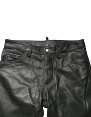 Dsquared² Black Full Grain Leather Mid Waist Trouser Pants - IT48 | M