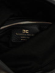 Close-up of the Elisabetta Franchi logo hardware and fine grain texture on the premium black calfskin leather.