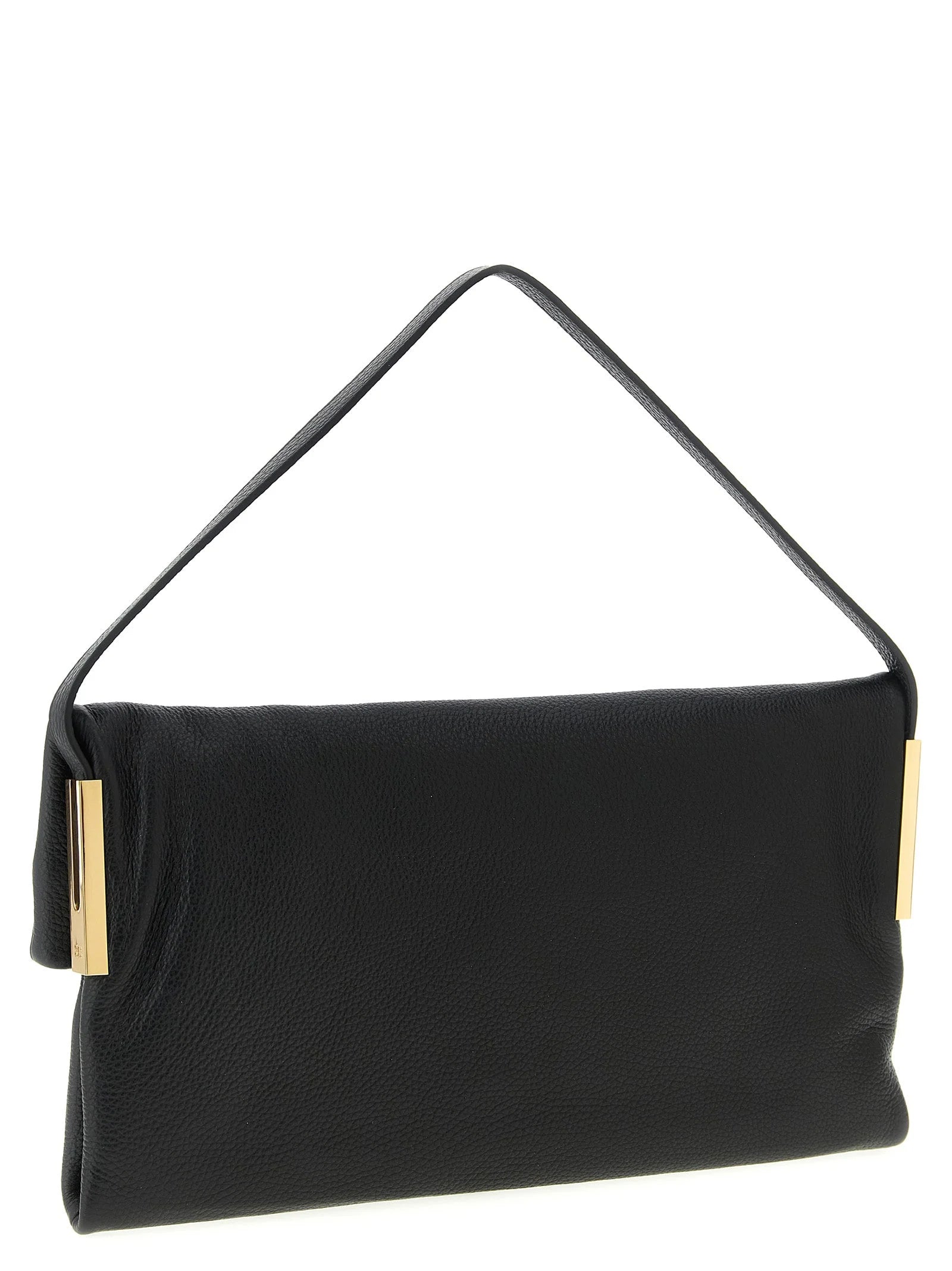Side profile of the Elisabetta Franchi leather handbag showing the slim gusset design and polished metal accents.