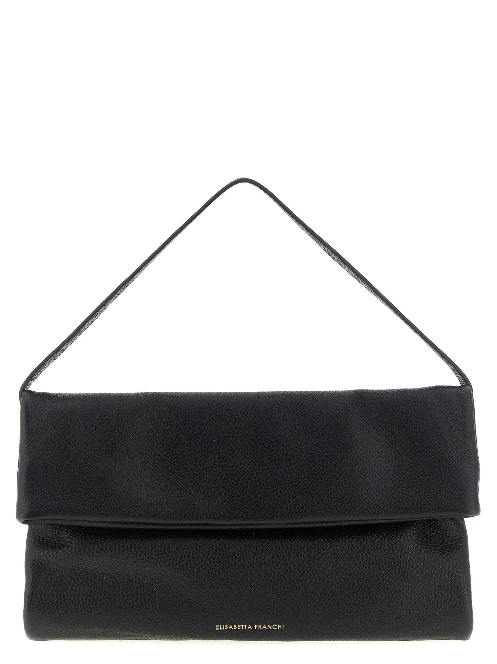 Front view of the Elisabetta Franchi black calfskin shoulder bag featuring gold-tone hardware and a structured silhouette.