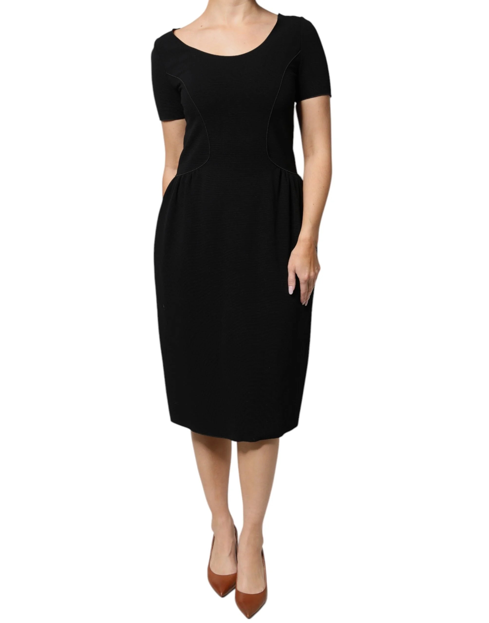 Emporio Armani Black Viscose Short Sleeves Sheath Midi Dress - IT42|M - Dresses