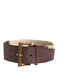 Ermanno Scervino Beige Brown Leather Canvas Metal Buckle Belt - 60 cm / 24 Inches