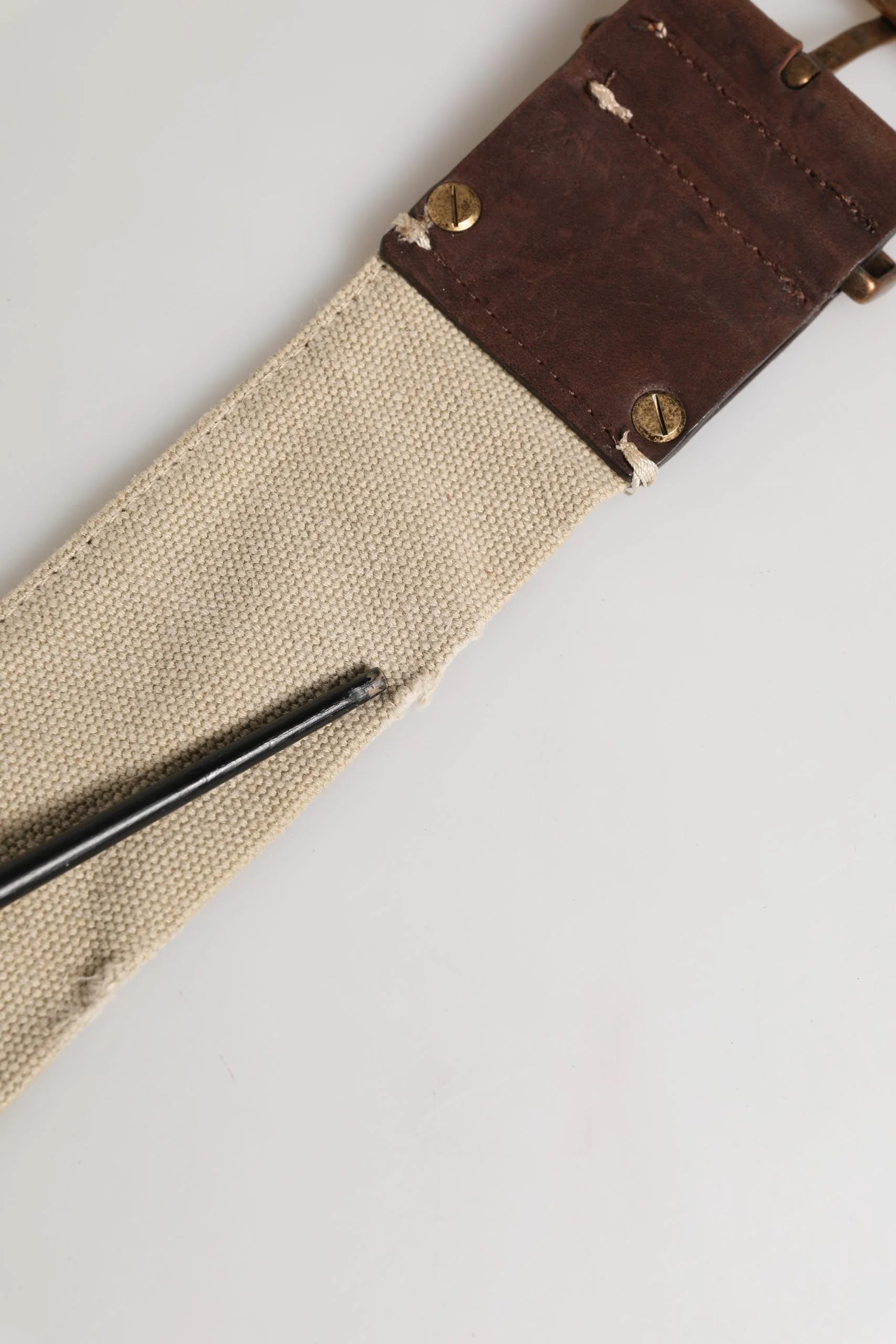 Ermanno Scervino Beige Brown Leather Canvas Metal Buckle Belt - 60 cm / 24 Inches