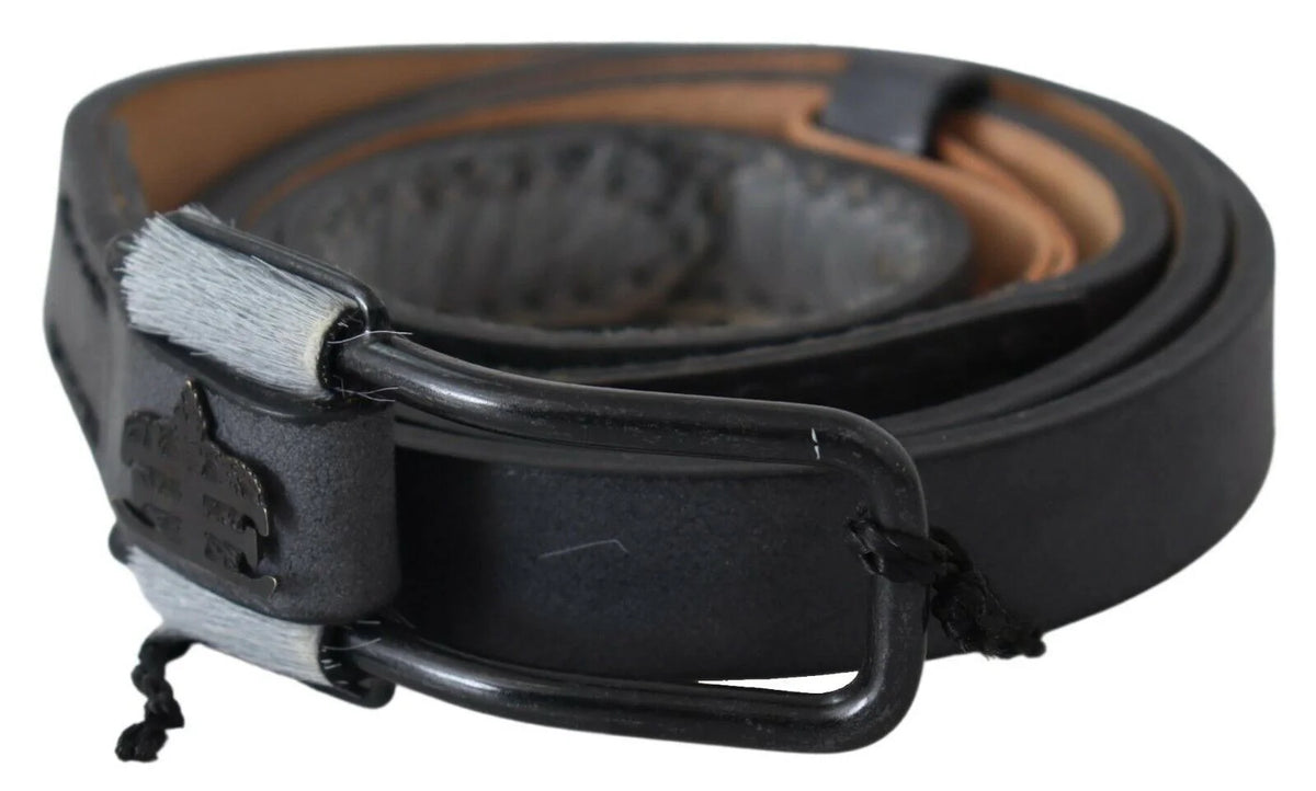 Ermanno Scervino Black Leather Fringes Logo Buckle Belt - 85 cm / 34 Inches - Belts