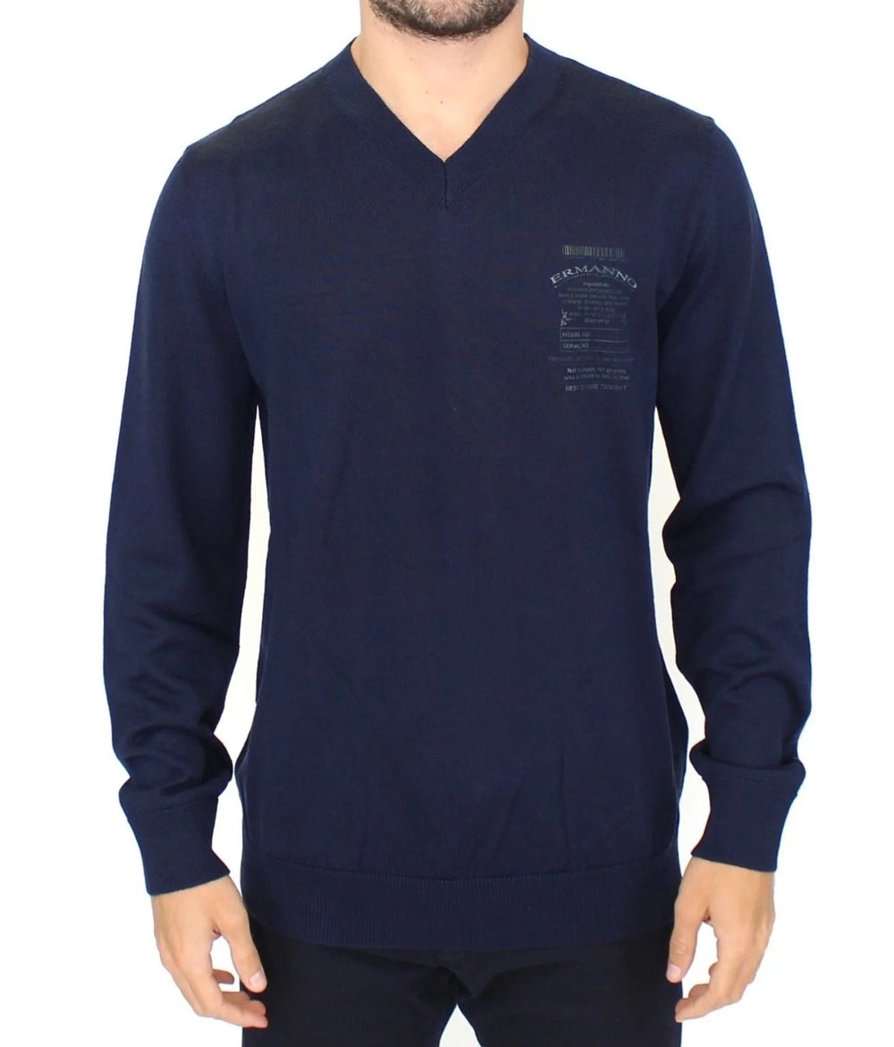 Ermanno Scervino Blue Wool Blend V-neck Pullover Sweater - Sweaters