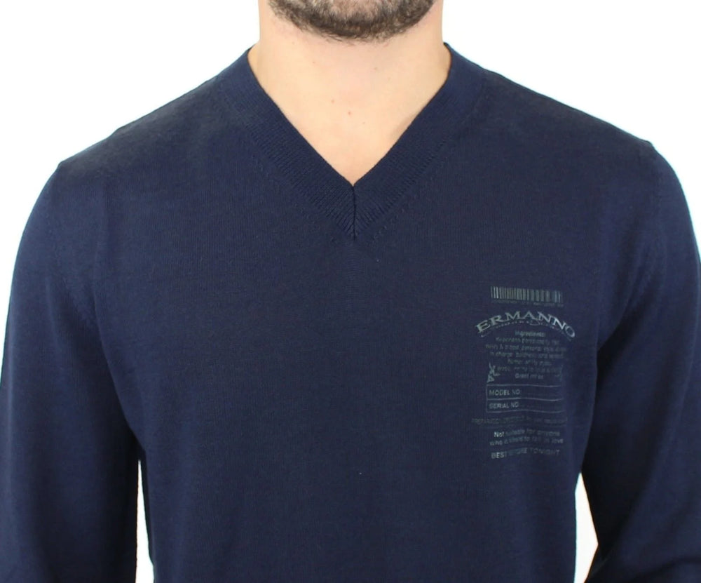 Ermanno Scervino Blue Wool Blend V-neck Pullover Sweater - Sweaters
