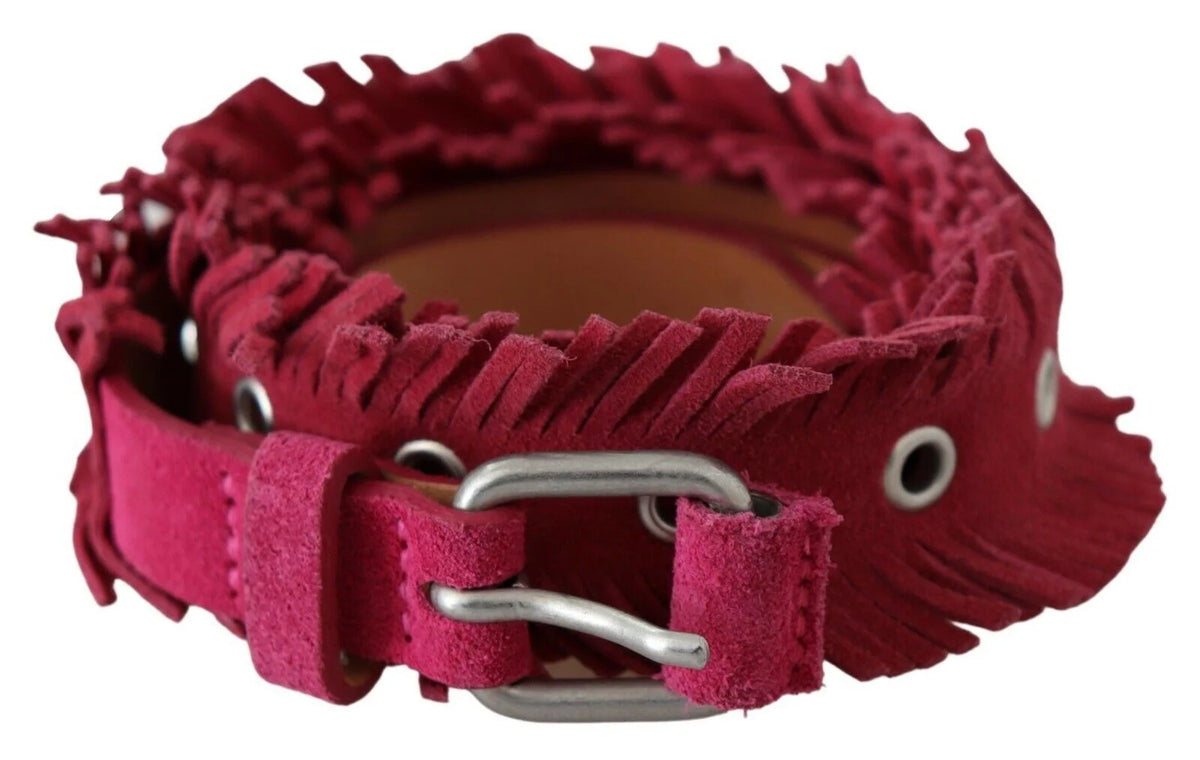 Ermanno Scervino Maroon Leather Fringes Silver Buckle Waist Belt - 95 cm / 38 Inches - Belts