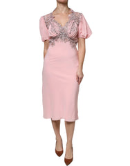 Ermanno Scervino Pink Floral Lace Short Sleeves V-neck Midi Dress - IT44 | L - Dresses