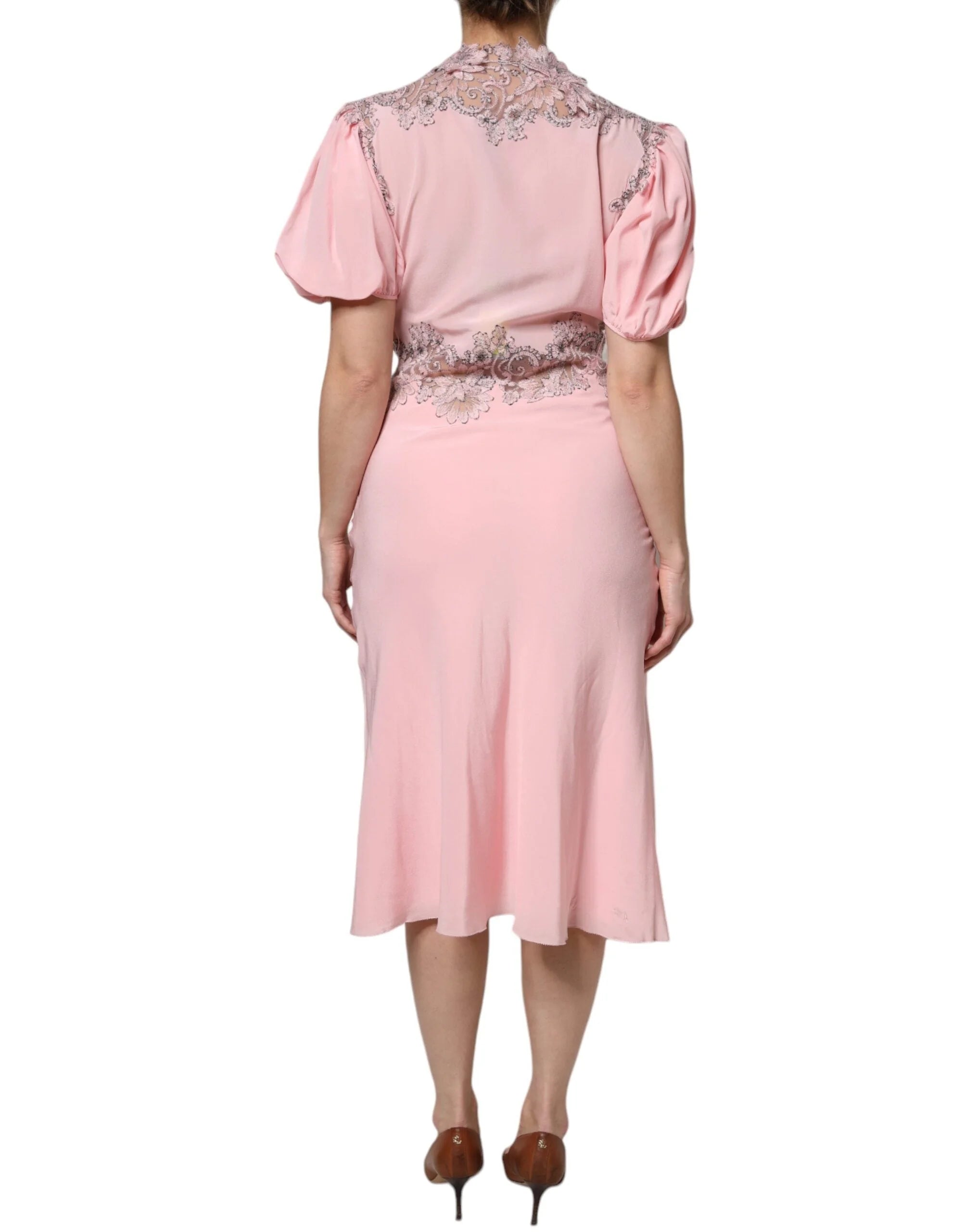Ermanno Scervino Pink Floral Lace Short Sleeves V-neck Midi Dress - IT44 | L - Dresses