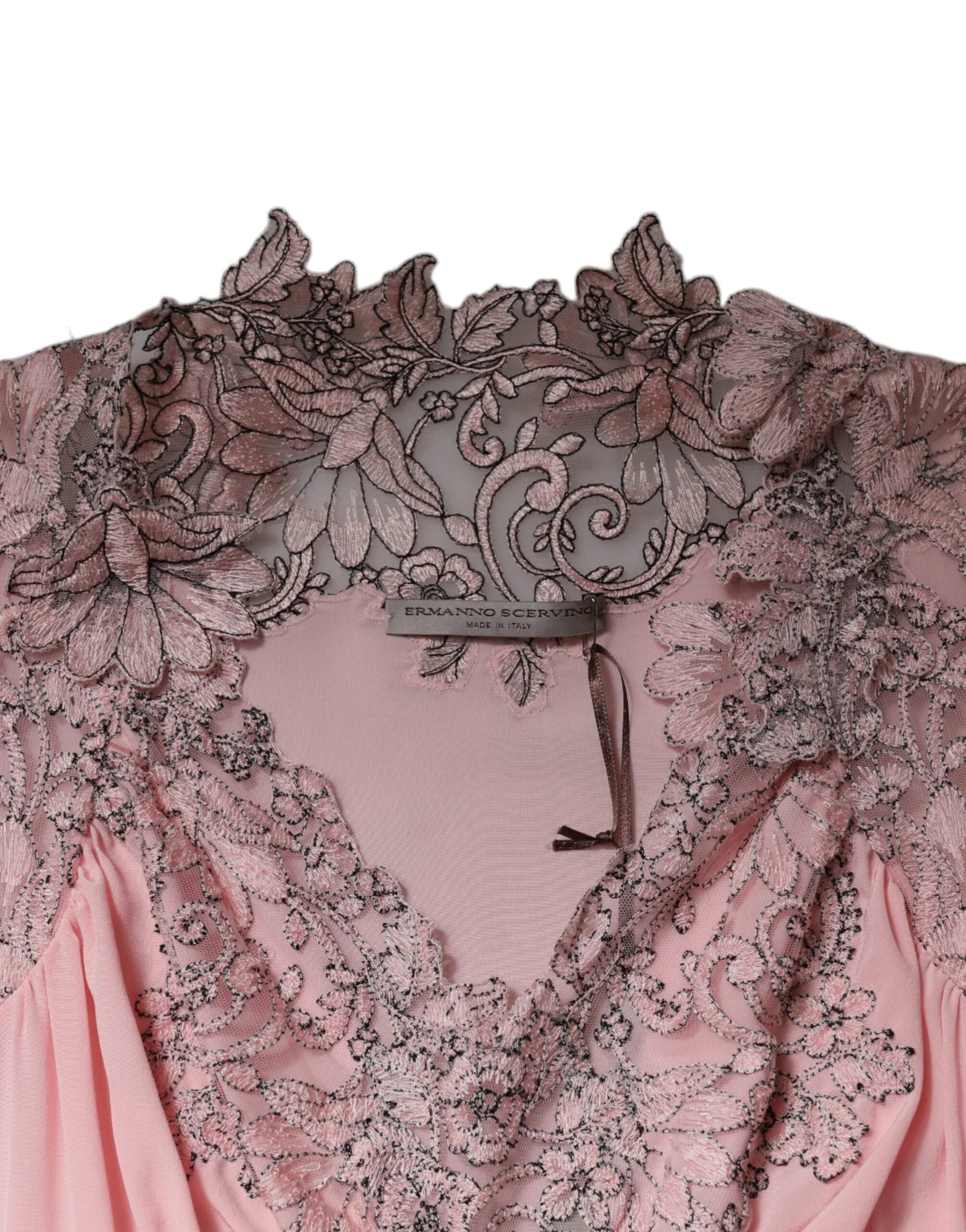 Ermanno Scervino Pink Floral Lace Short Sleeves V-neck Midi Dress - IT44 | L - Dresses