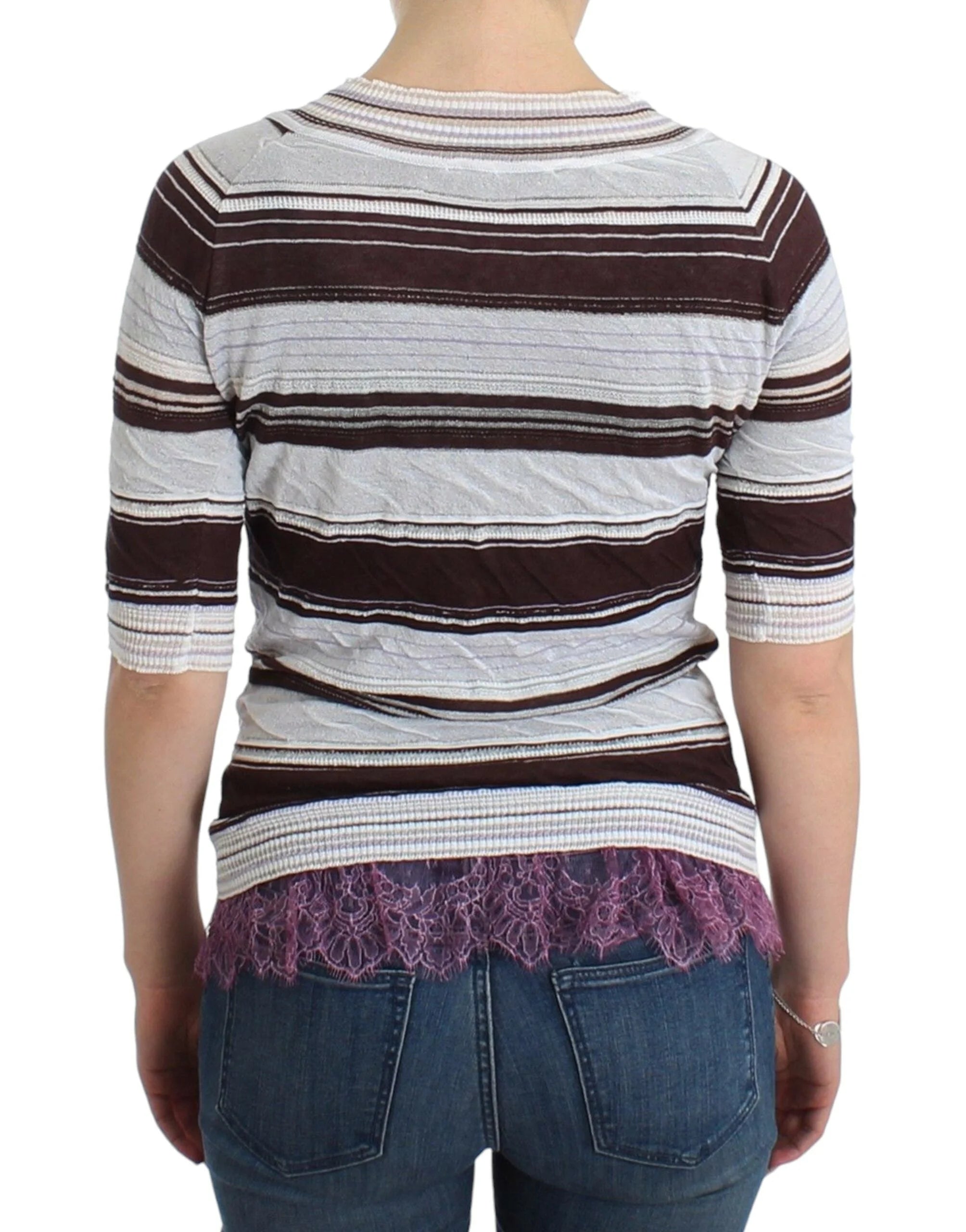 Ermanno Scervino Striped Lace V-Neck Short Sleeve Top Sweater - IT42 | S - Sweaters