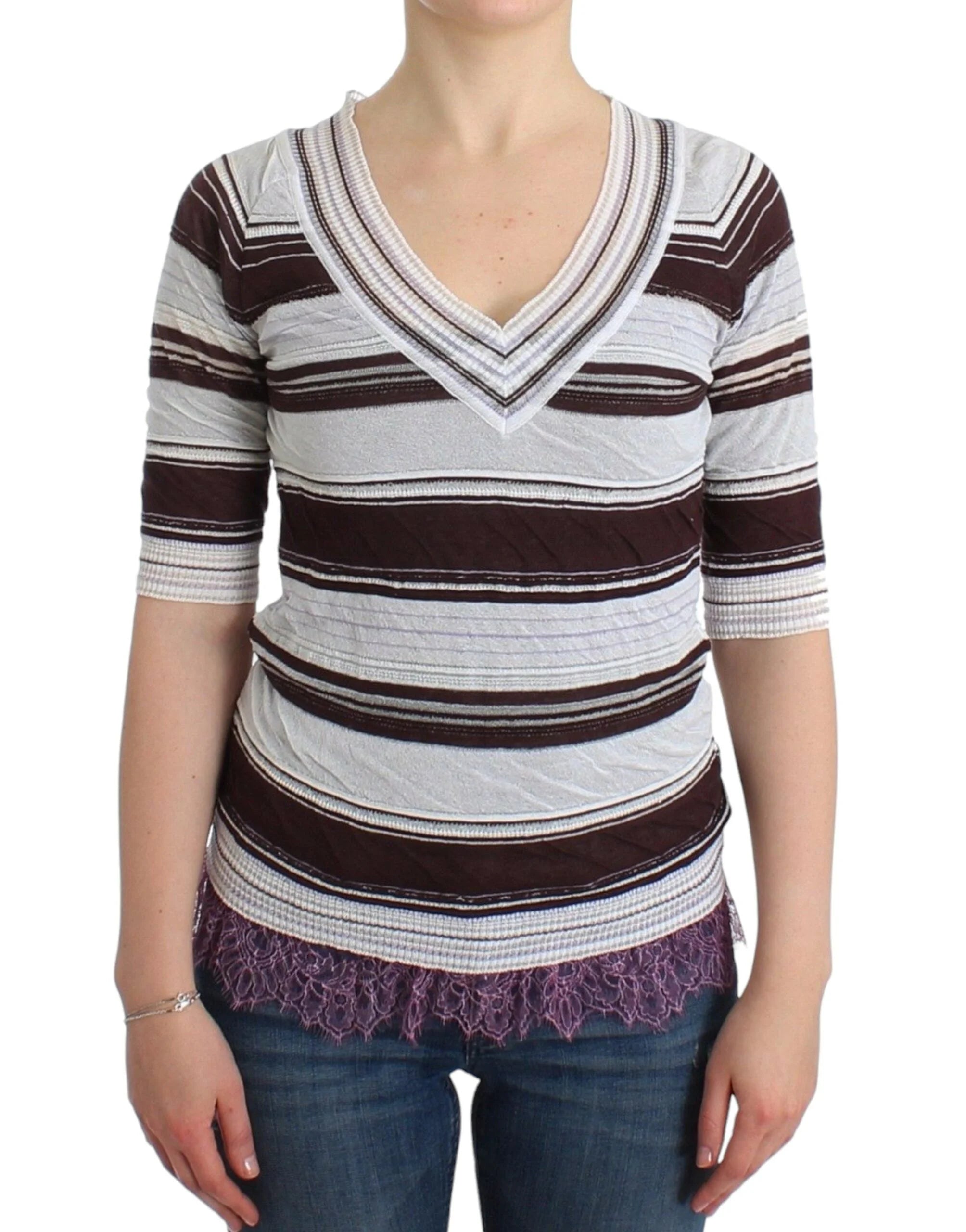 Ermanno Scervino Striped Lace V-Neck Short Sleeve Top Sweater - IT42 | S - Sweaters