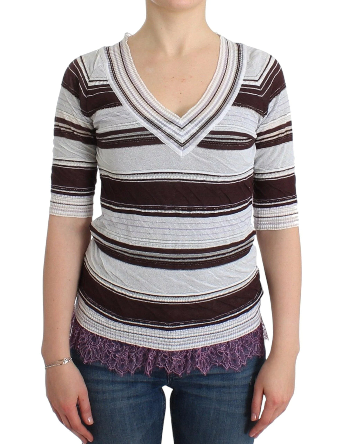 Ermanno Scervino Striped Lace V-Neck Short Sleeve Top Sweater - IT42 | S - Sweaters
