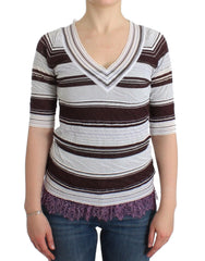 Ermanno Scervino Striped Lace V-Neck Short Sleeve Top Sweater - IT42 | S - Sweaters