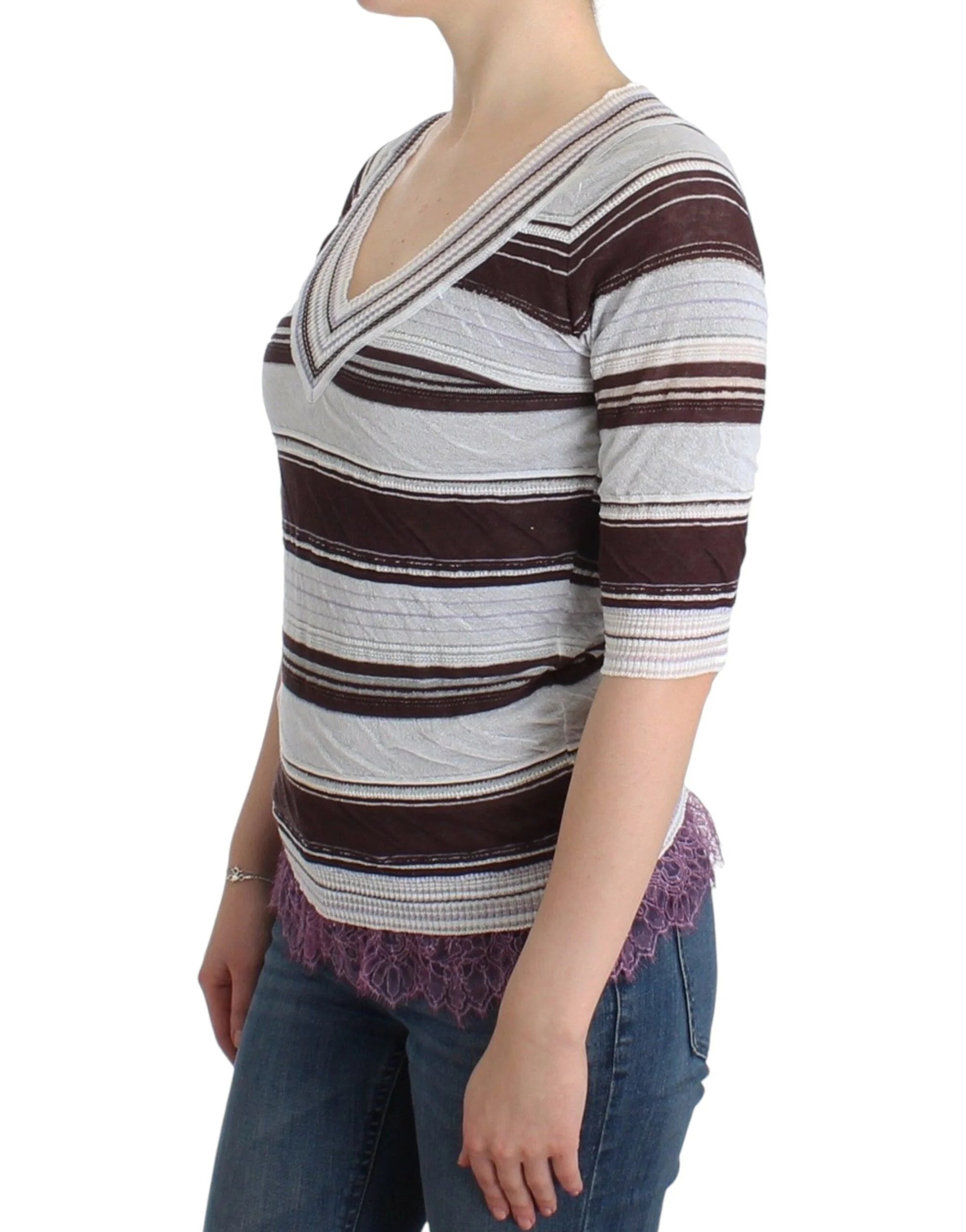Ermanno Scervino Striped Lace V-Neck Short Sleeve Top Sweater - IT42 | S - Sweaters