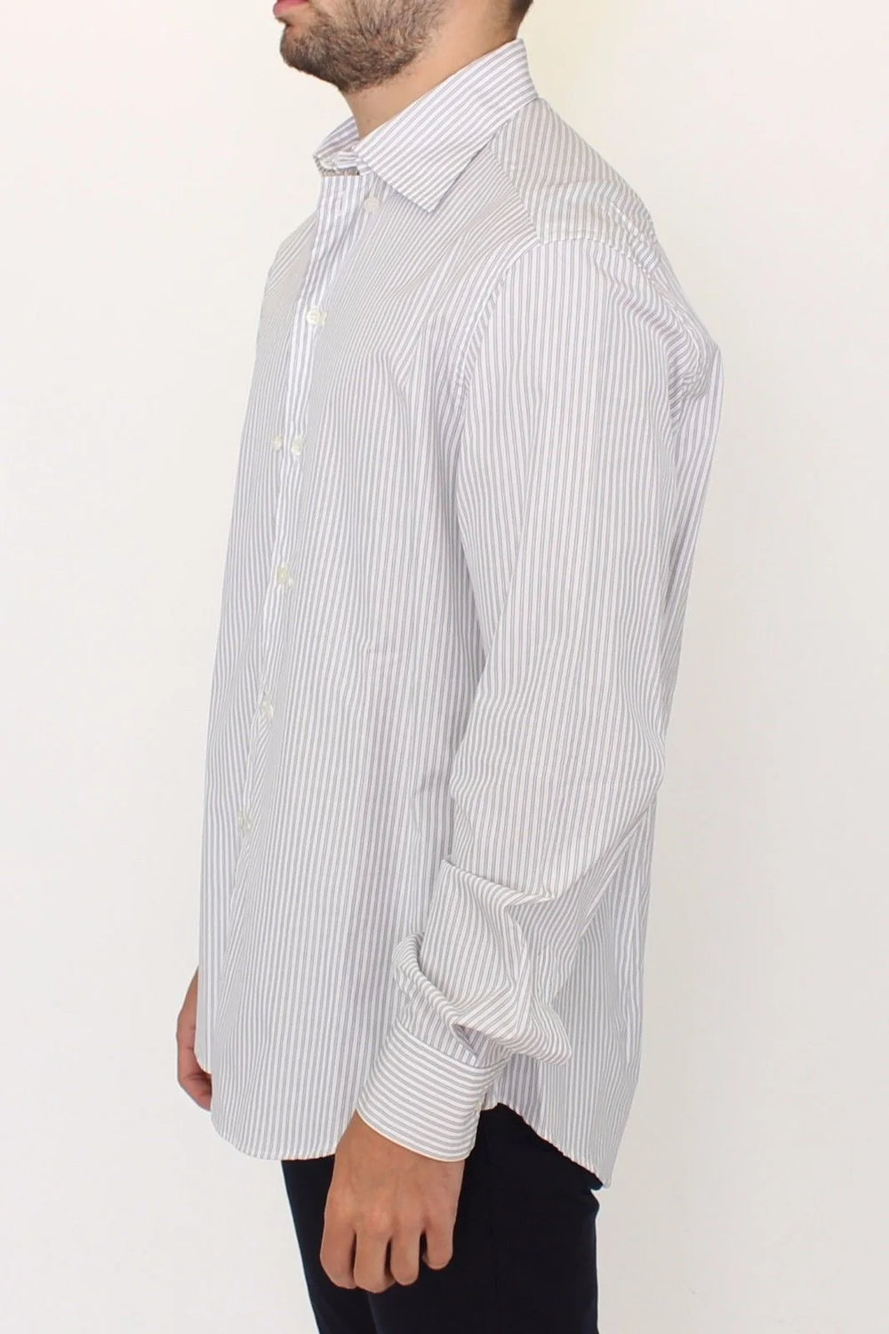 Ermanno Scervino White Gray Striped Regular Fit Casual Shirt - IT50 | L - Shirts