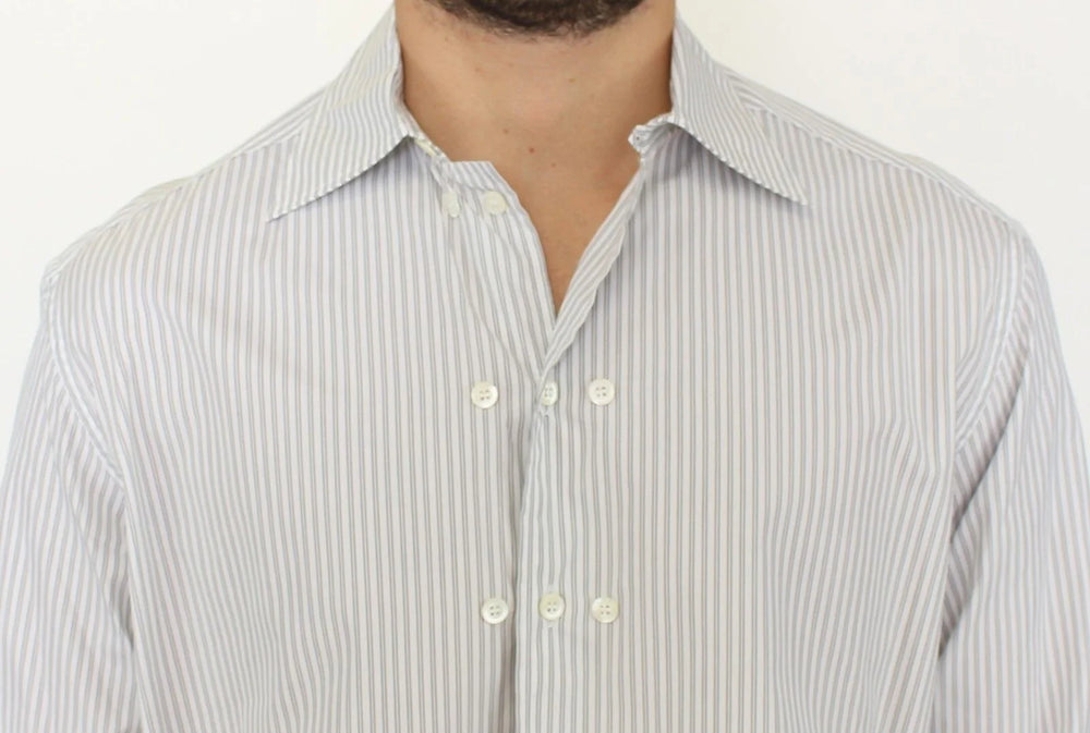 Ermanno Scervino White Gray Striped Regular Fit Casual Shirt - IT50 | L - Shirts