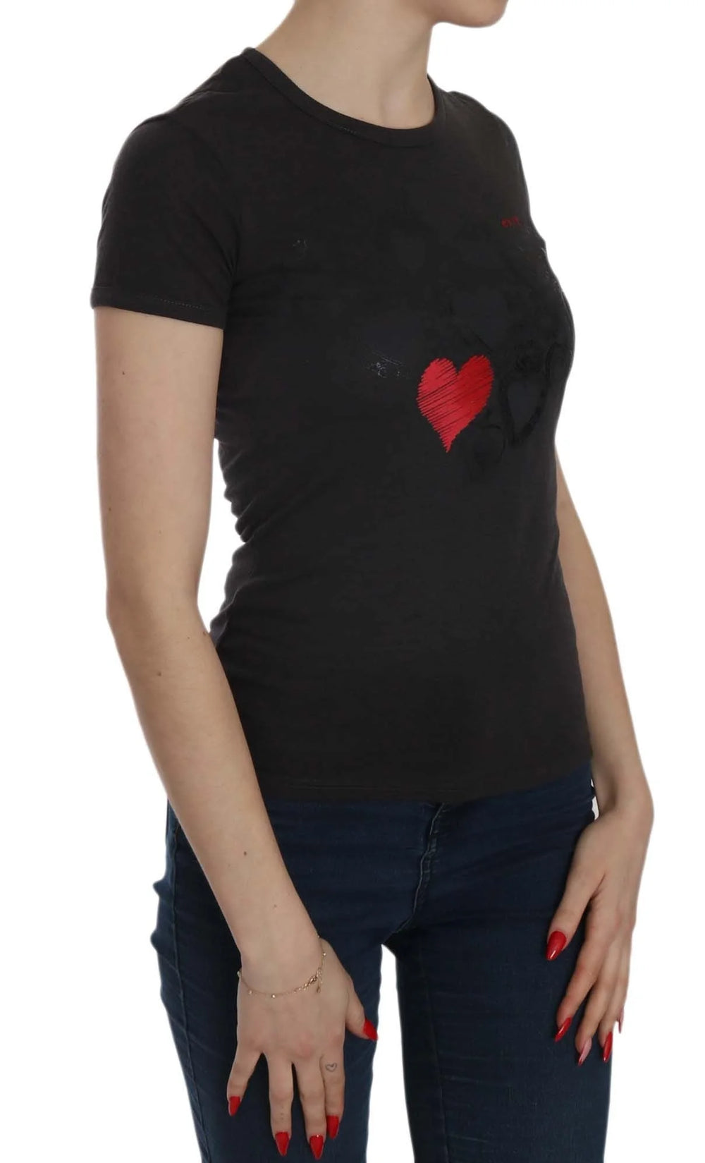 Exte Black Hearts Print Short Sleeve Casual Shirt Top - IT42|M - T-Shirts