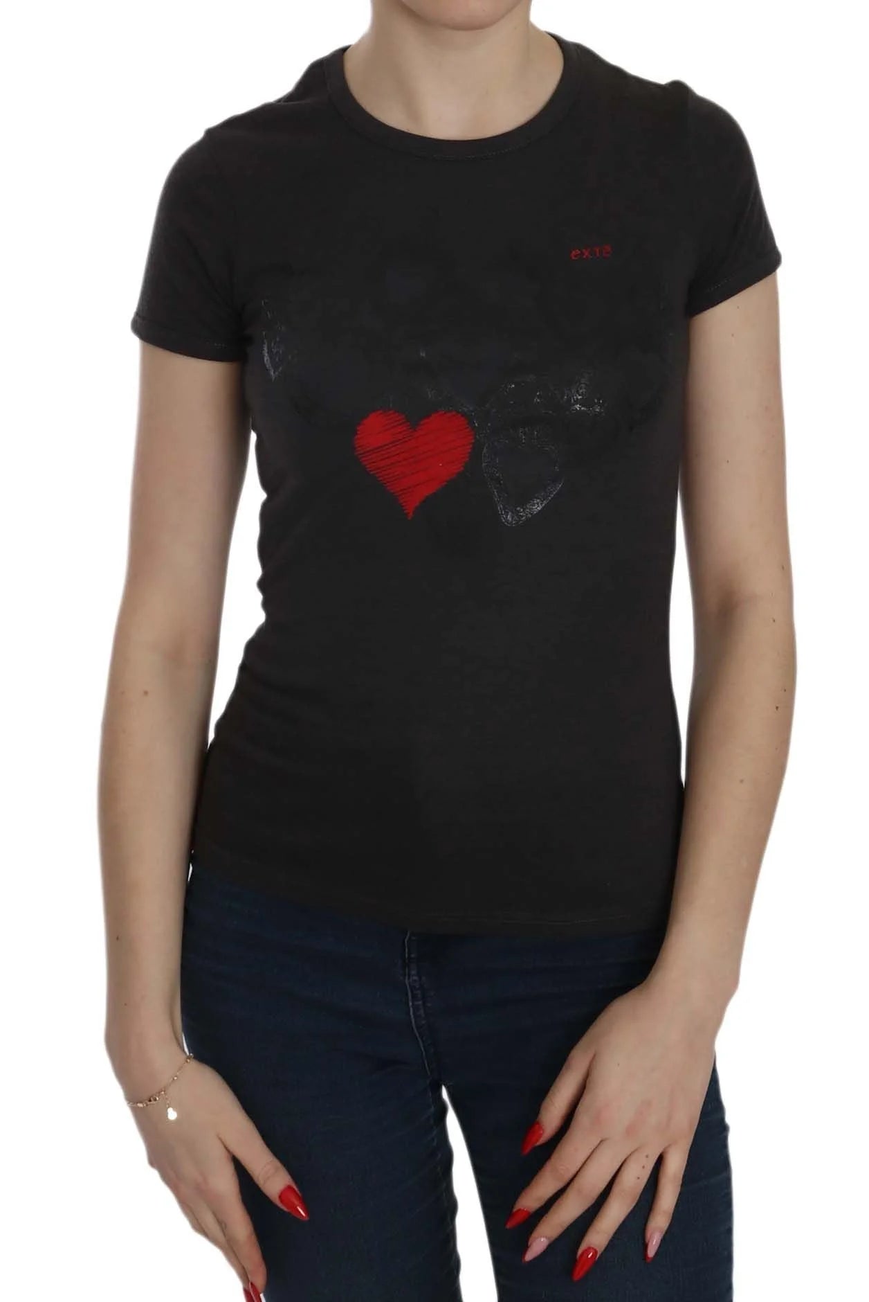 Exte Black Hearts Print Short Sleeve Casual Shirt Top - IT42|M - T-Shirts