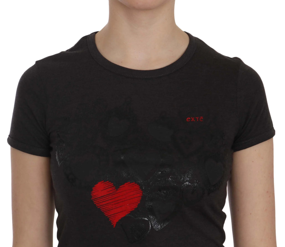 Exte Black Hearts Print Short Sleeve Casual Shirt Top - IT42|M - T-Shirts