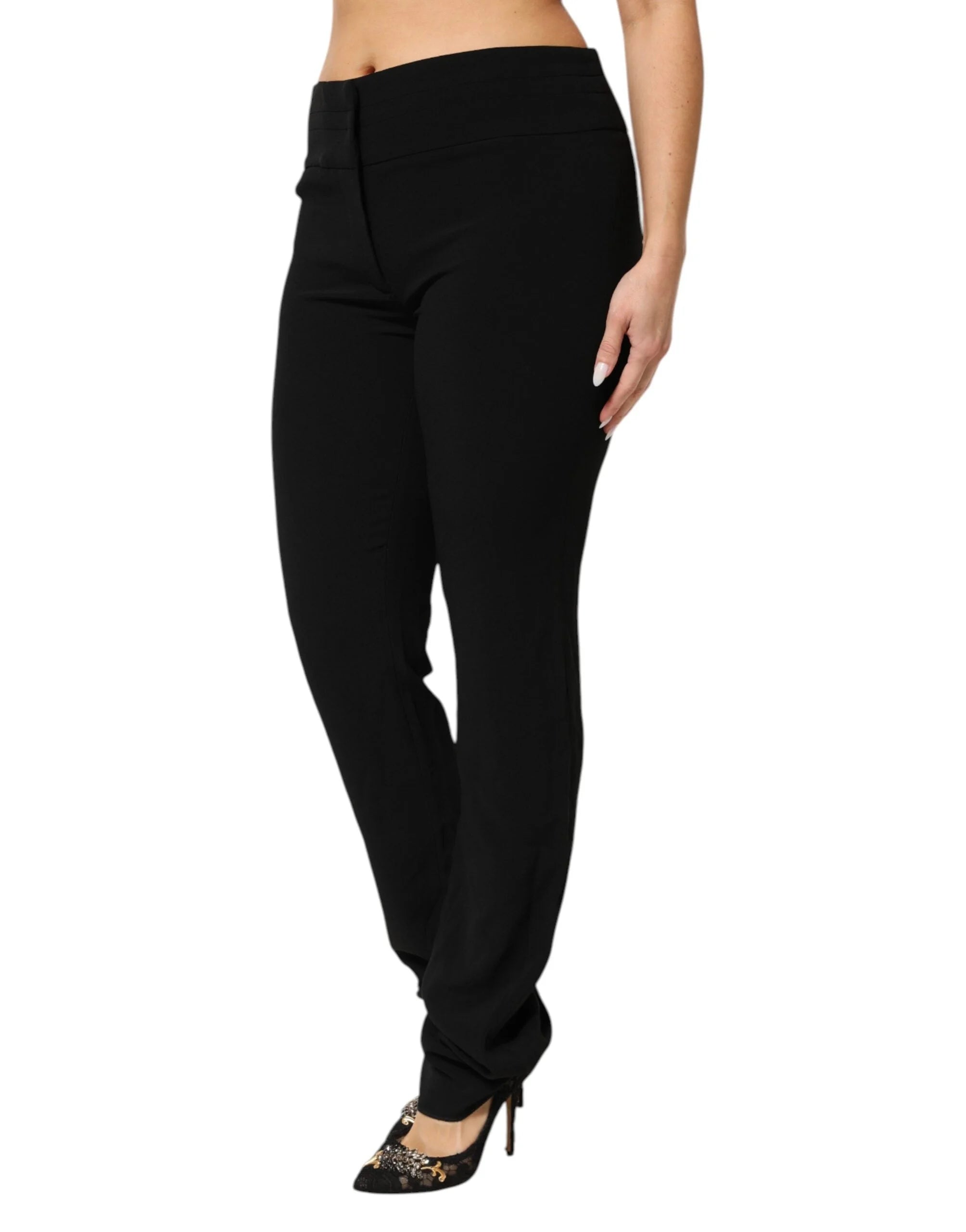 Exte Black Viscose Acetate Blend Straight Leg High Waist Pants - IT46|XL - Trousers